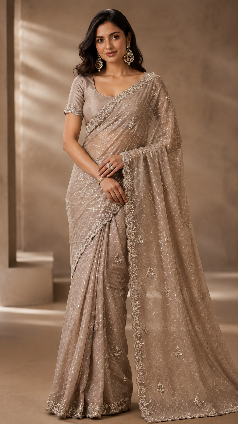 Ash Grey Shimmer Organza Fancy Saree