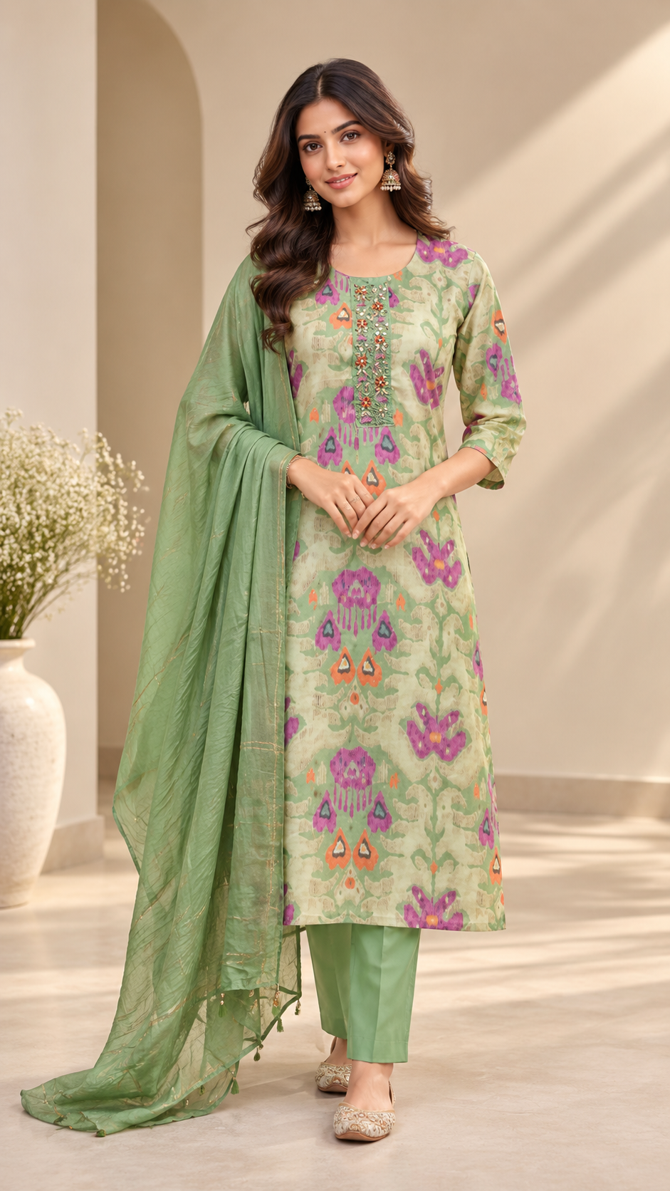 Green Rayon Cotton Straight Cut Suit