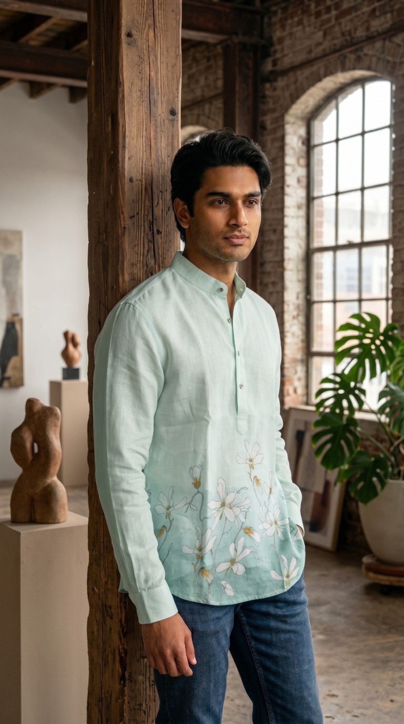 Light Green Linen Short Kurta