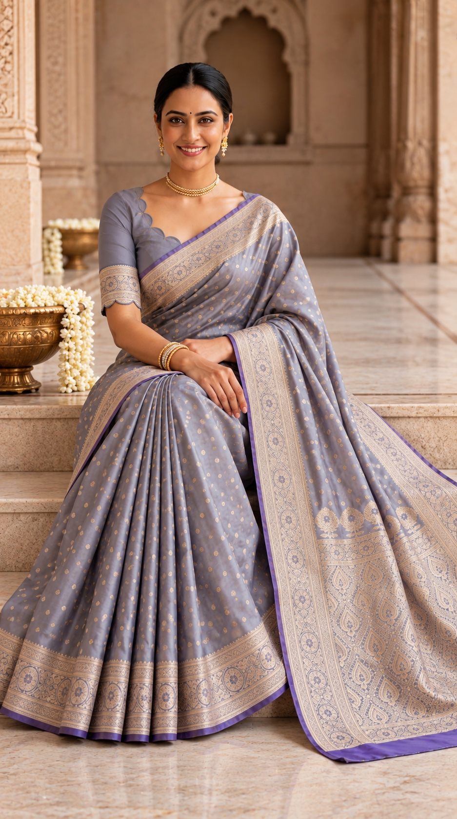 Pastel Lavender Banaras Satin Silk Saree