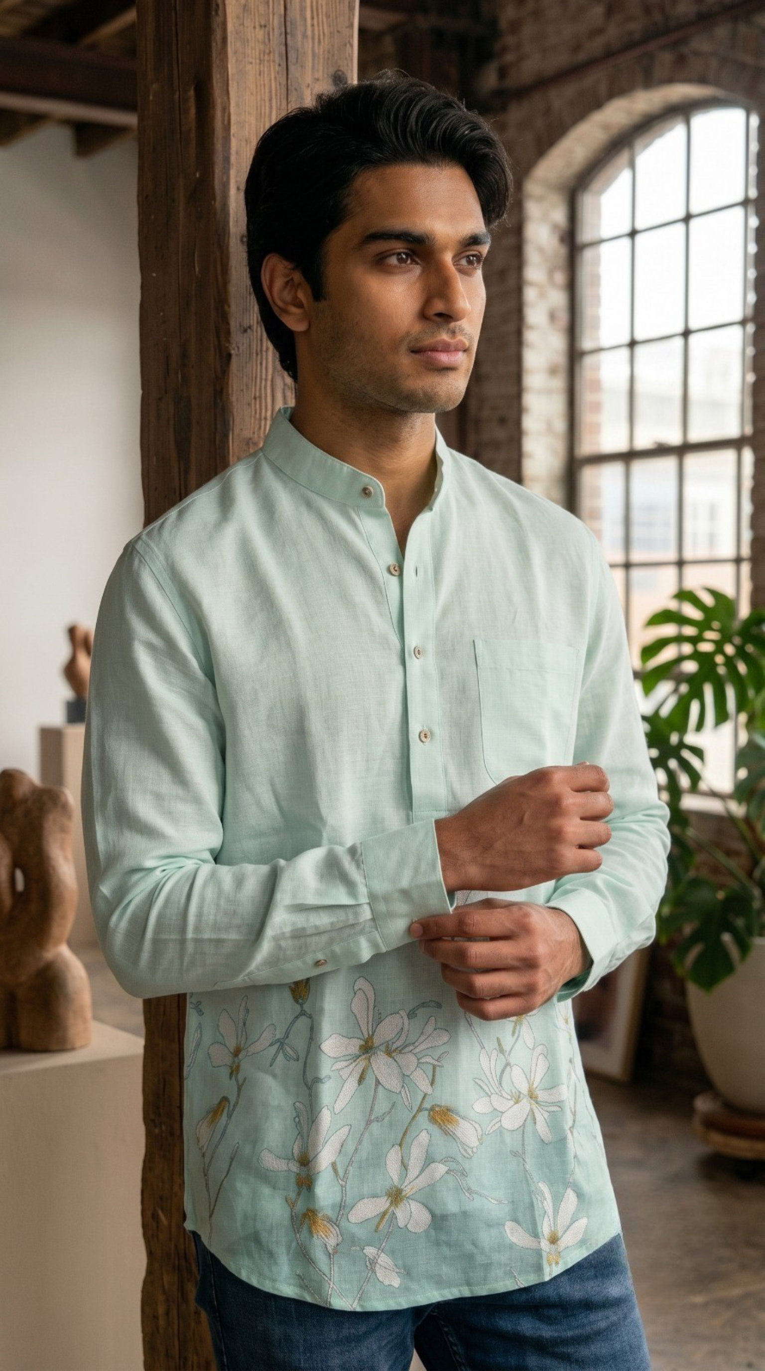 Light Green Linen Short Kurta