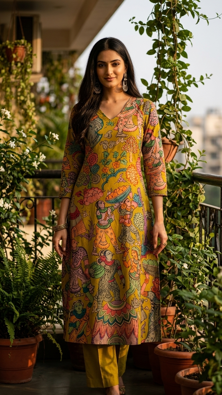 Mustard Kalamkari Cotton Kurti Set