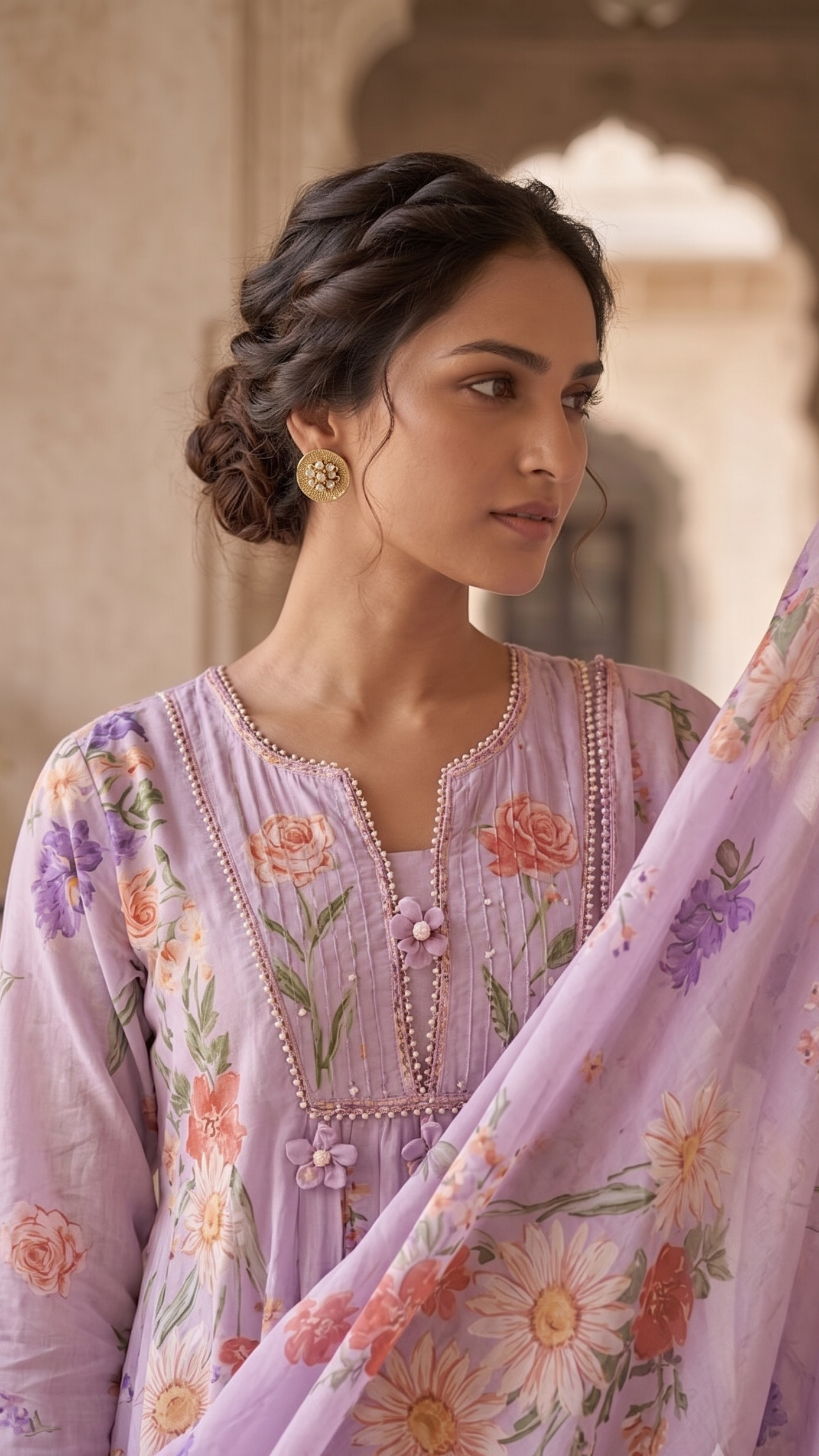 Purple Mul Cotton Floral Suit