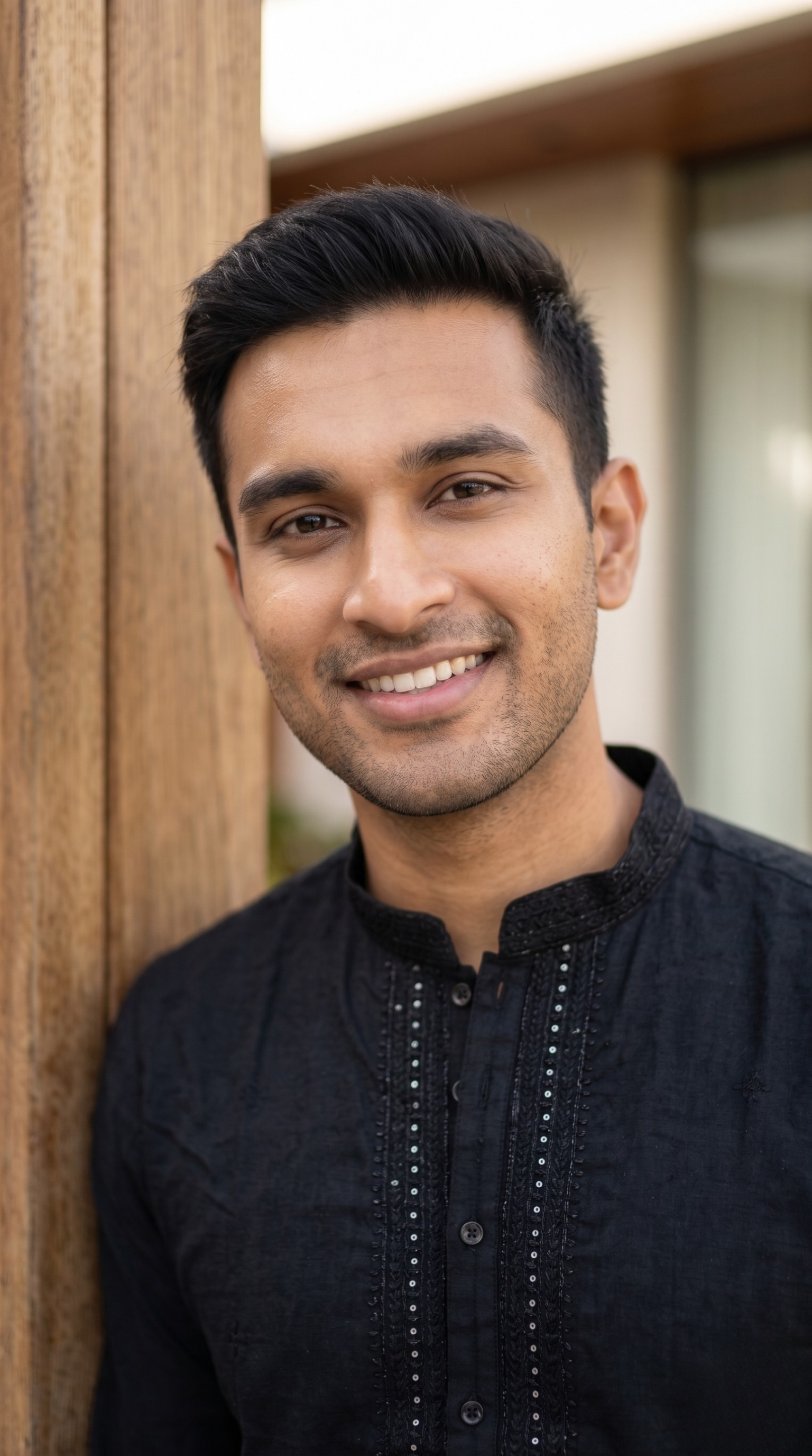 Black cotton kurta set for men with mandarin collar and crystal embellished neckline — detail closeup shot