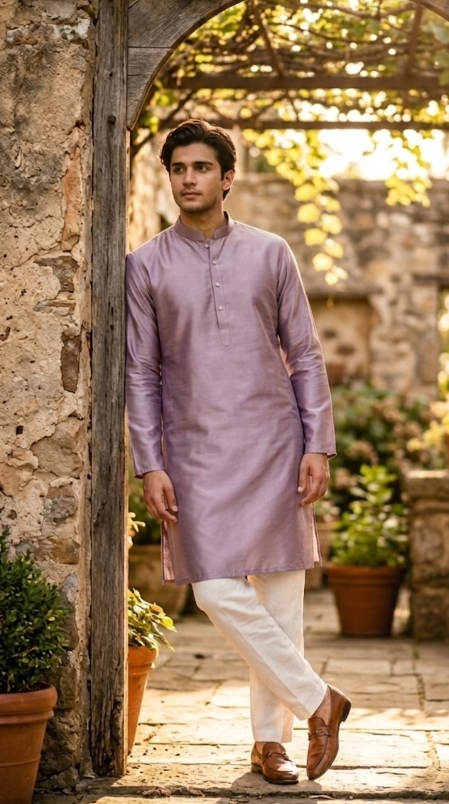 Lavender cotton silk kurta set for men with mandarin collar