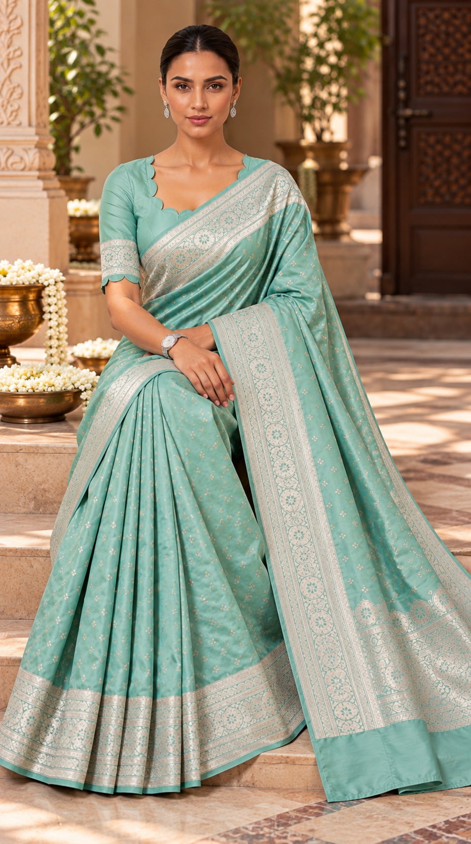 Pastel Aqua Green Banaras Satin Silk Saree