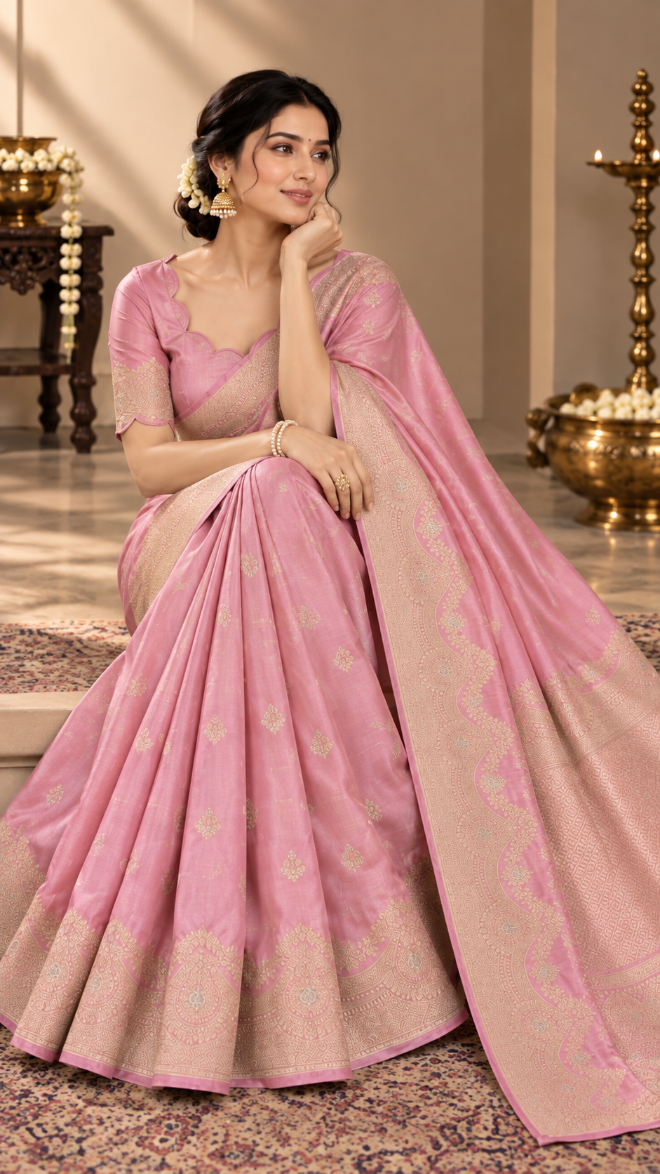 Rose Pink Banaras Satin Silk Saree