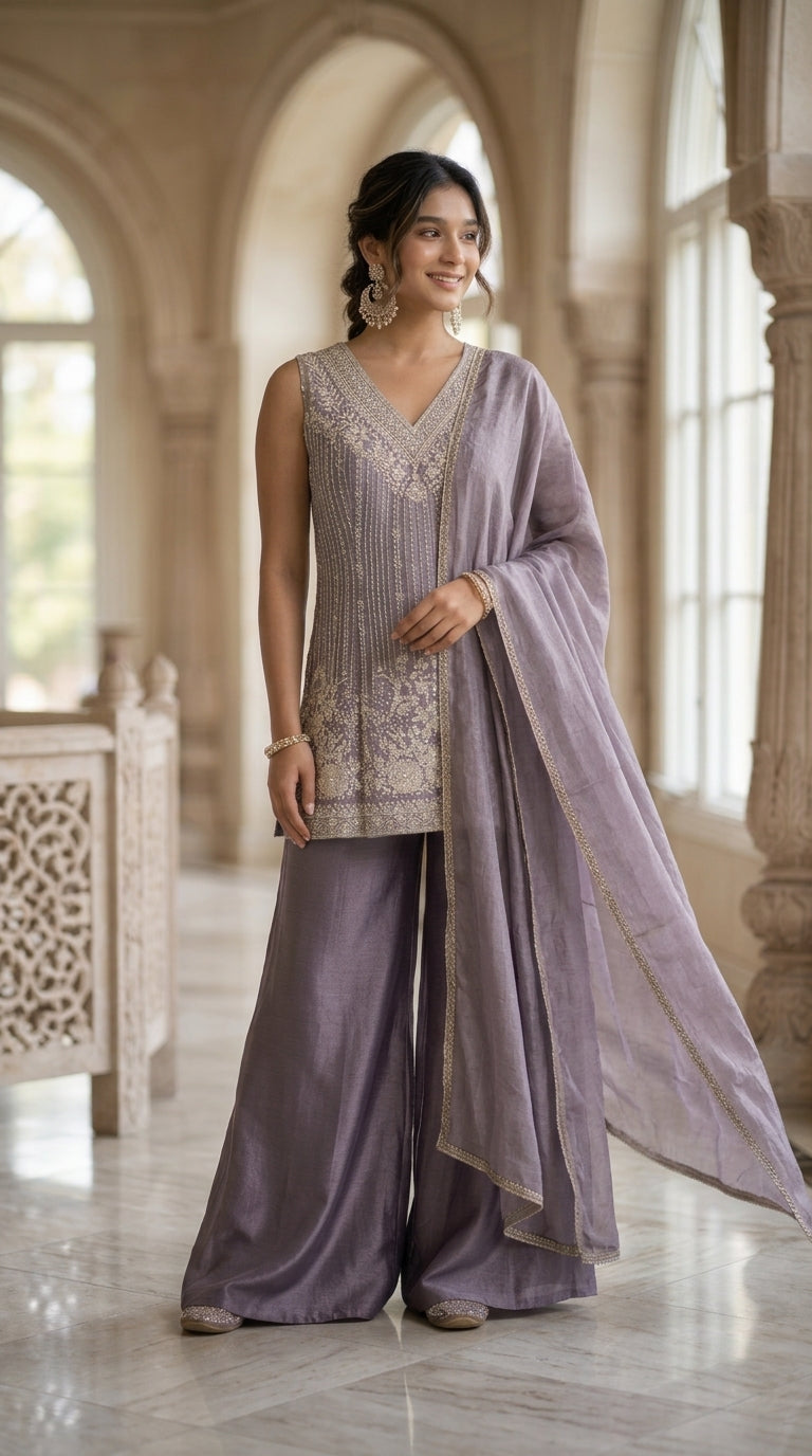 Lavender Chinon Silk Sharara Suit