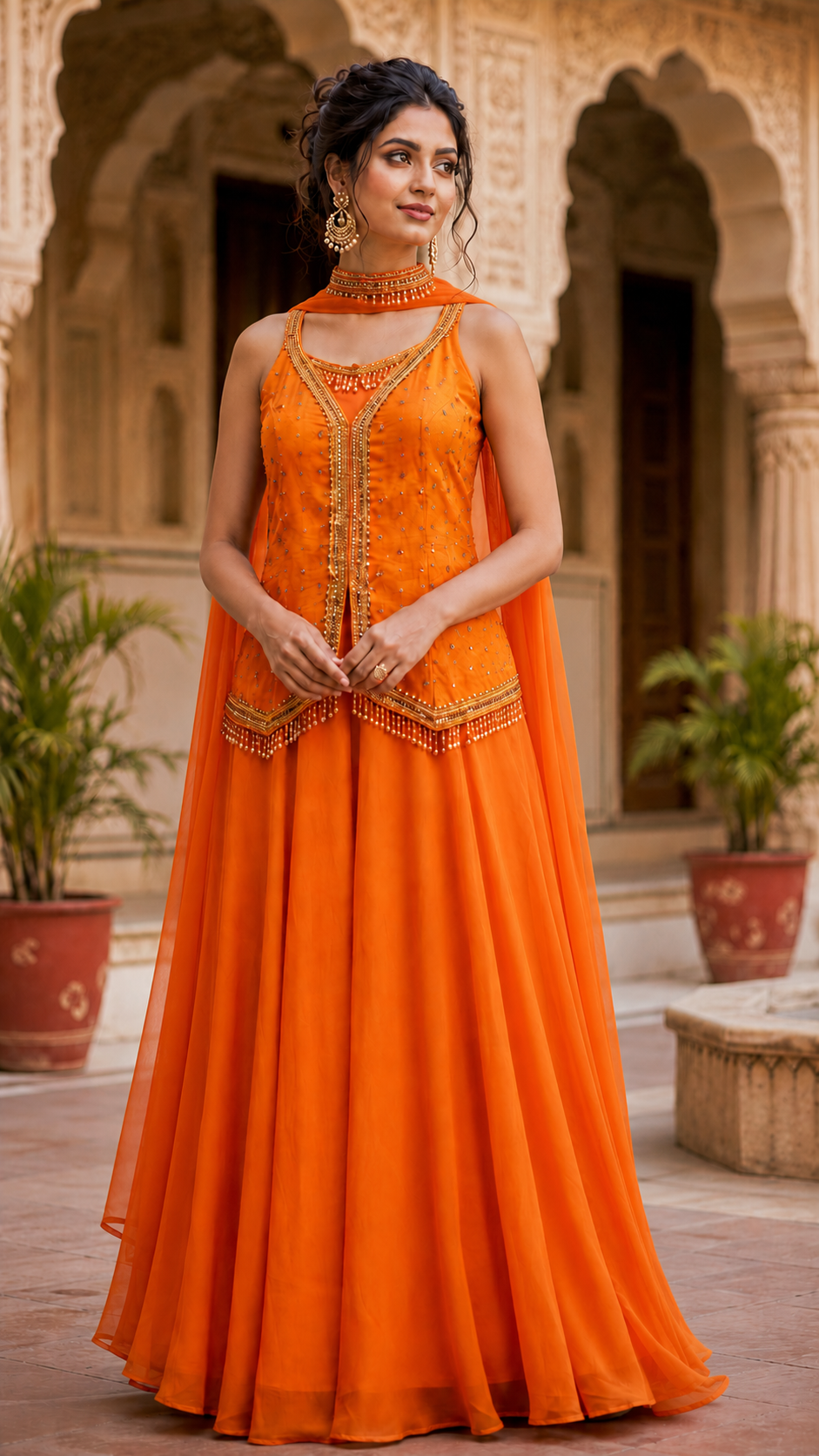 Orange Chinon Silk Sharara Suit