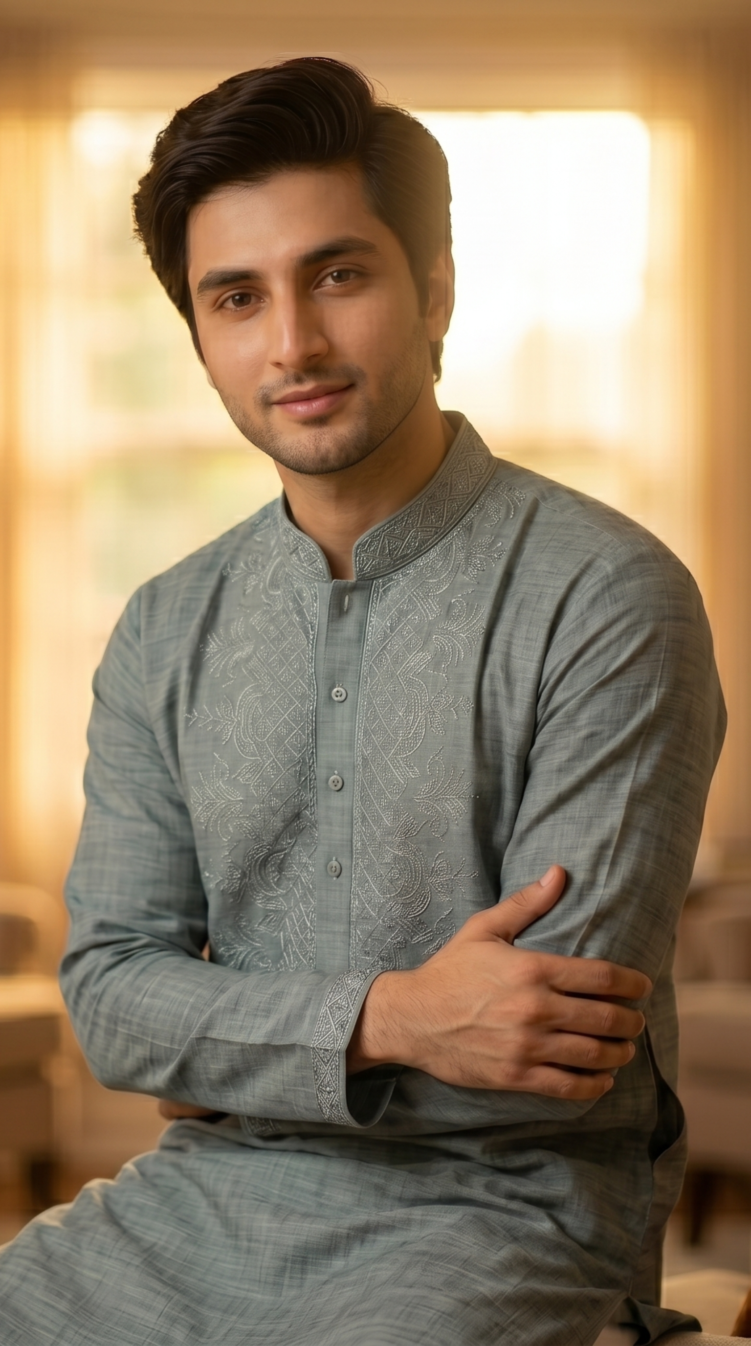 Light blue linen kurta set for men with mandarin collar — seated lifestyle shot