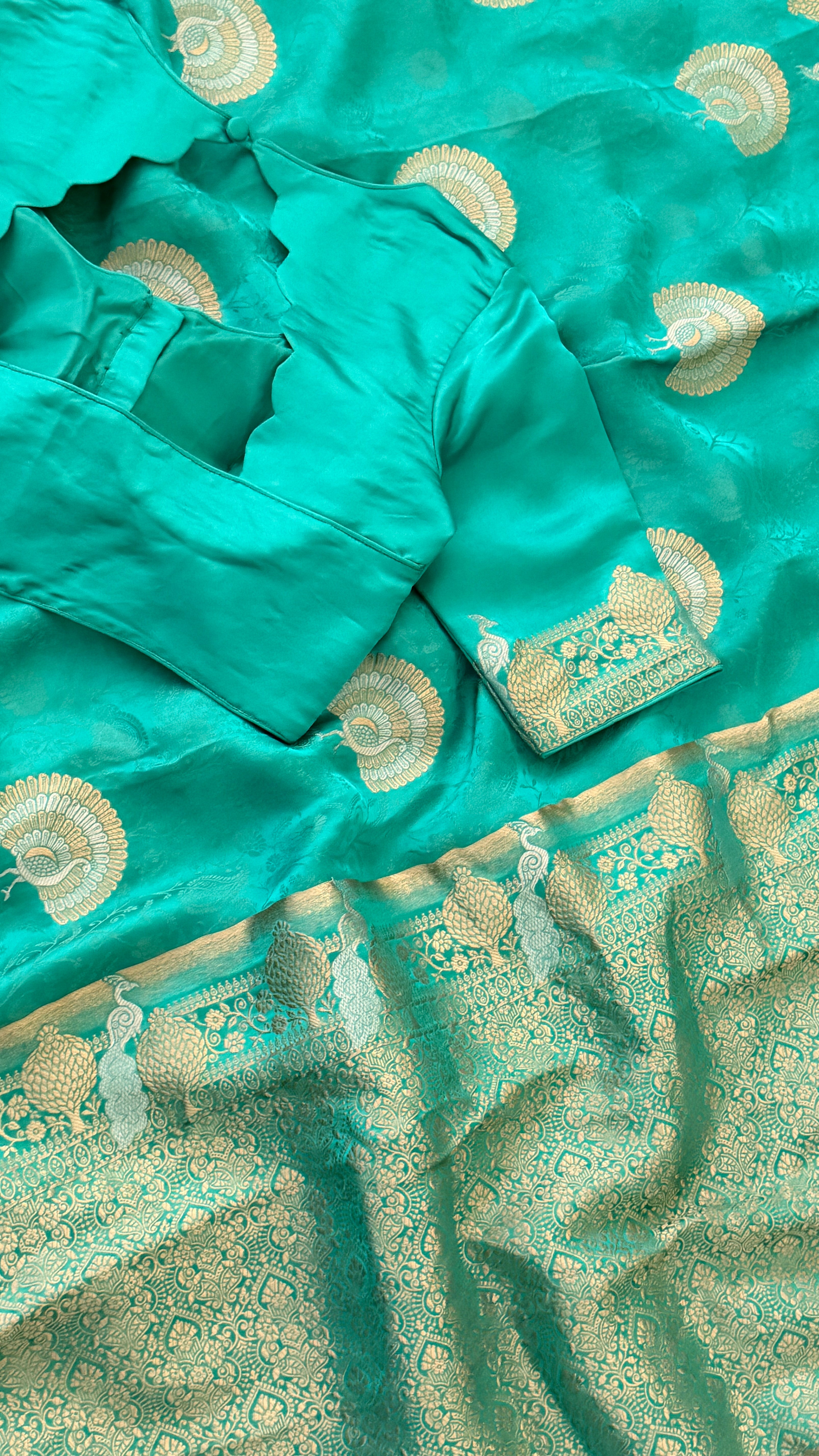 Seagreen Banaras Satin Silk Saree