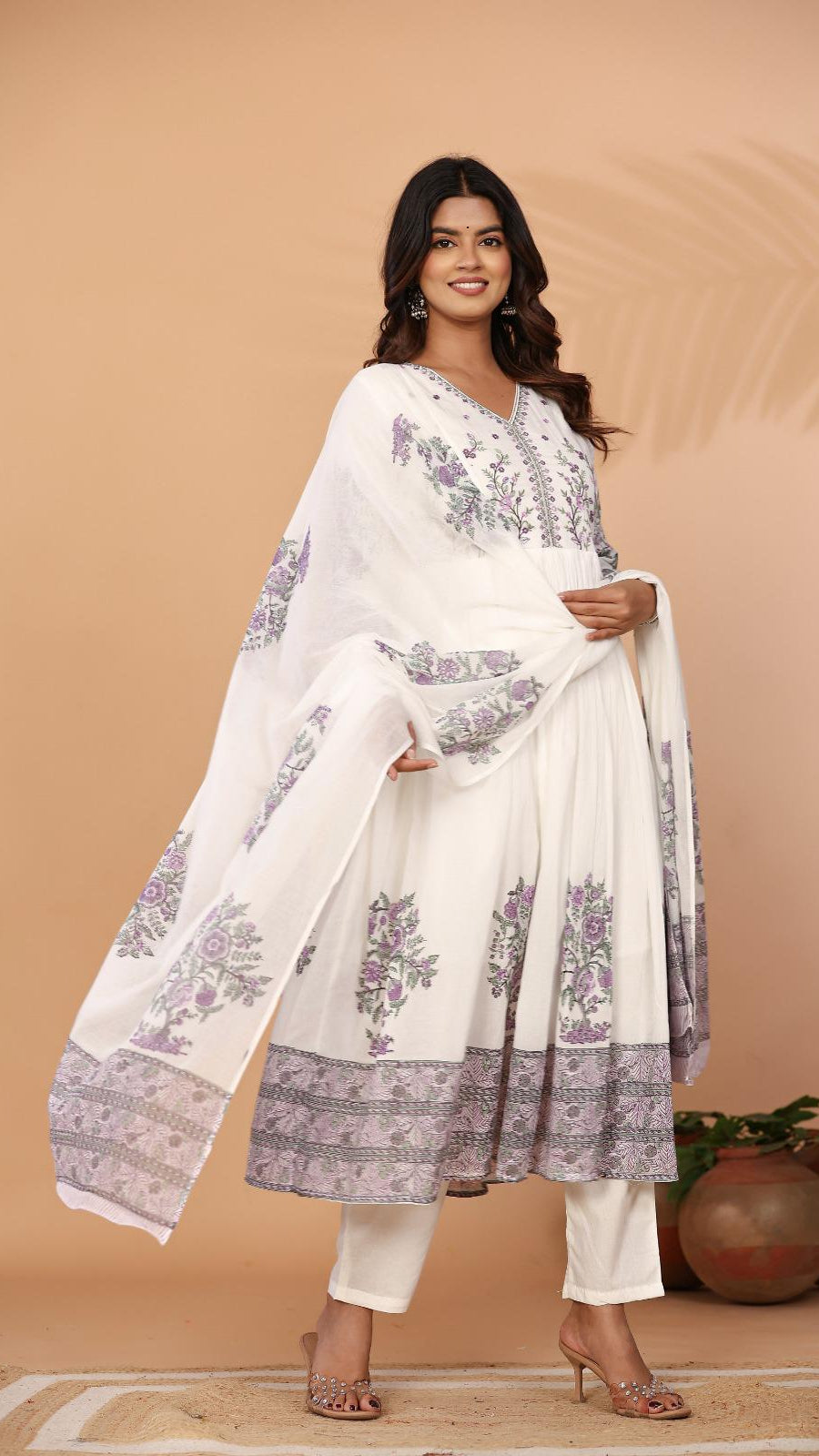 White Mul Cotton Block-Print Suit