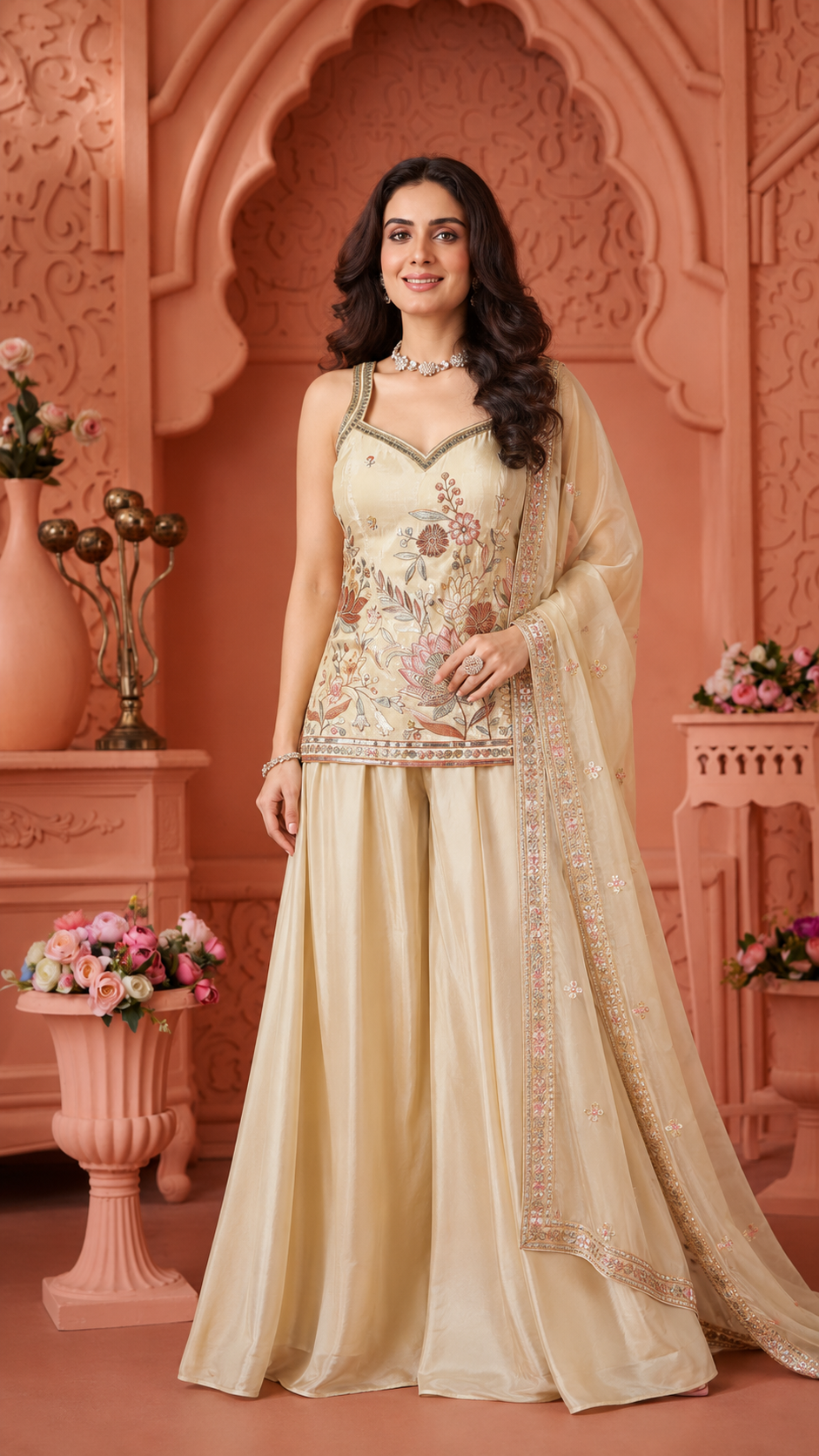 Off White Tissue Silk Sharara Suit