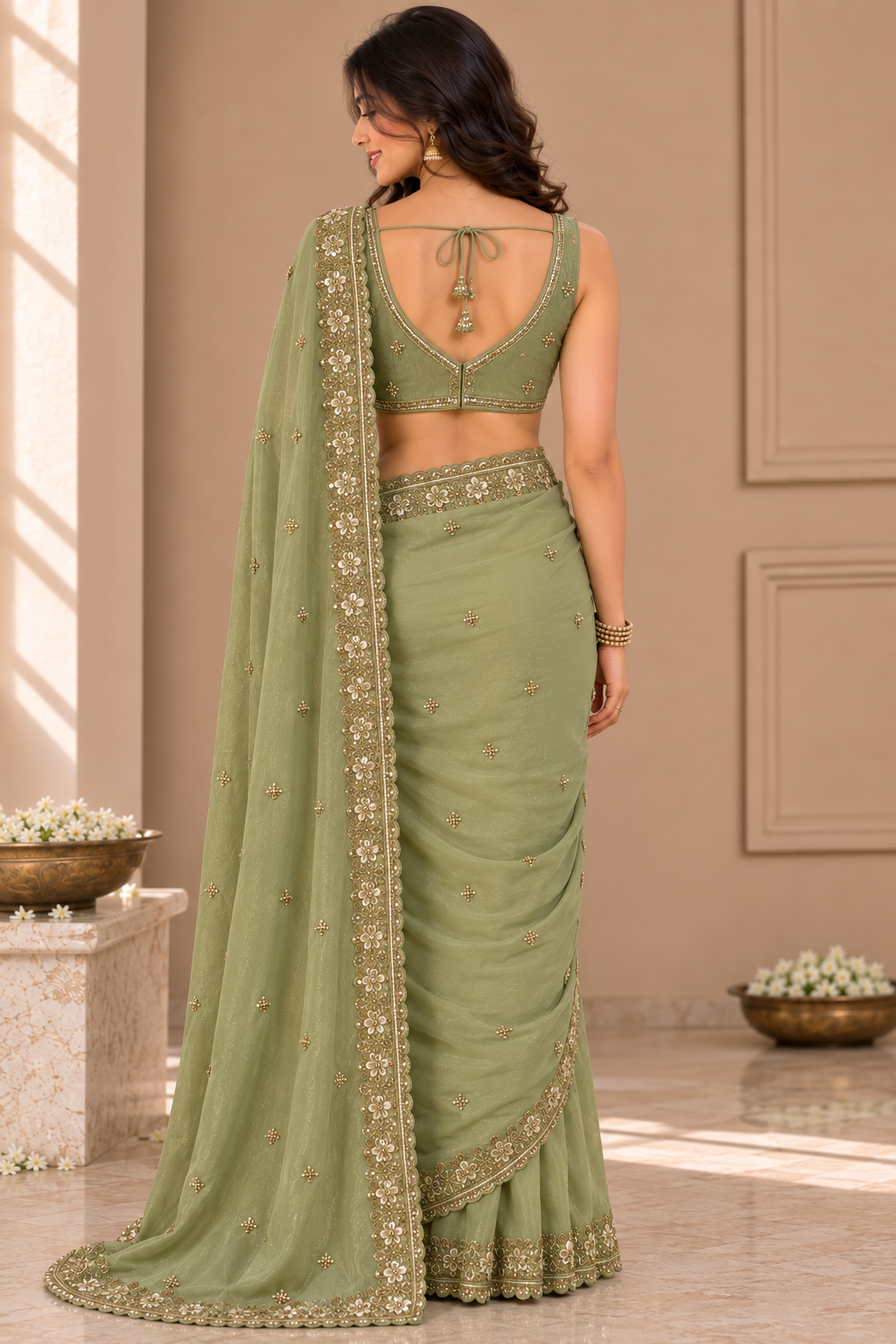 Sage Green Shimmer Organza Fancy Saree