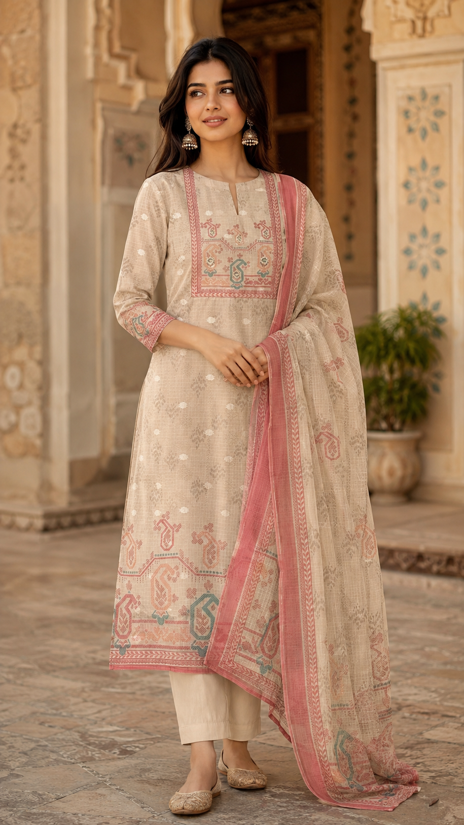 Beige Kota Cotton Straight Cut Suit