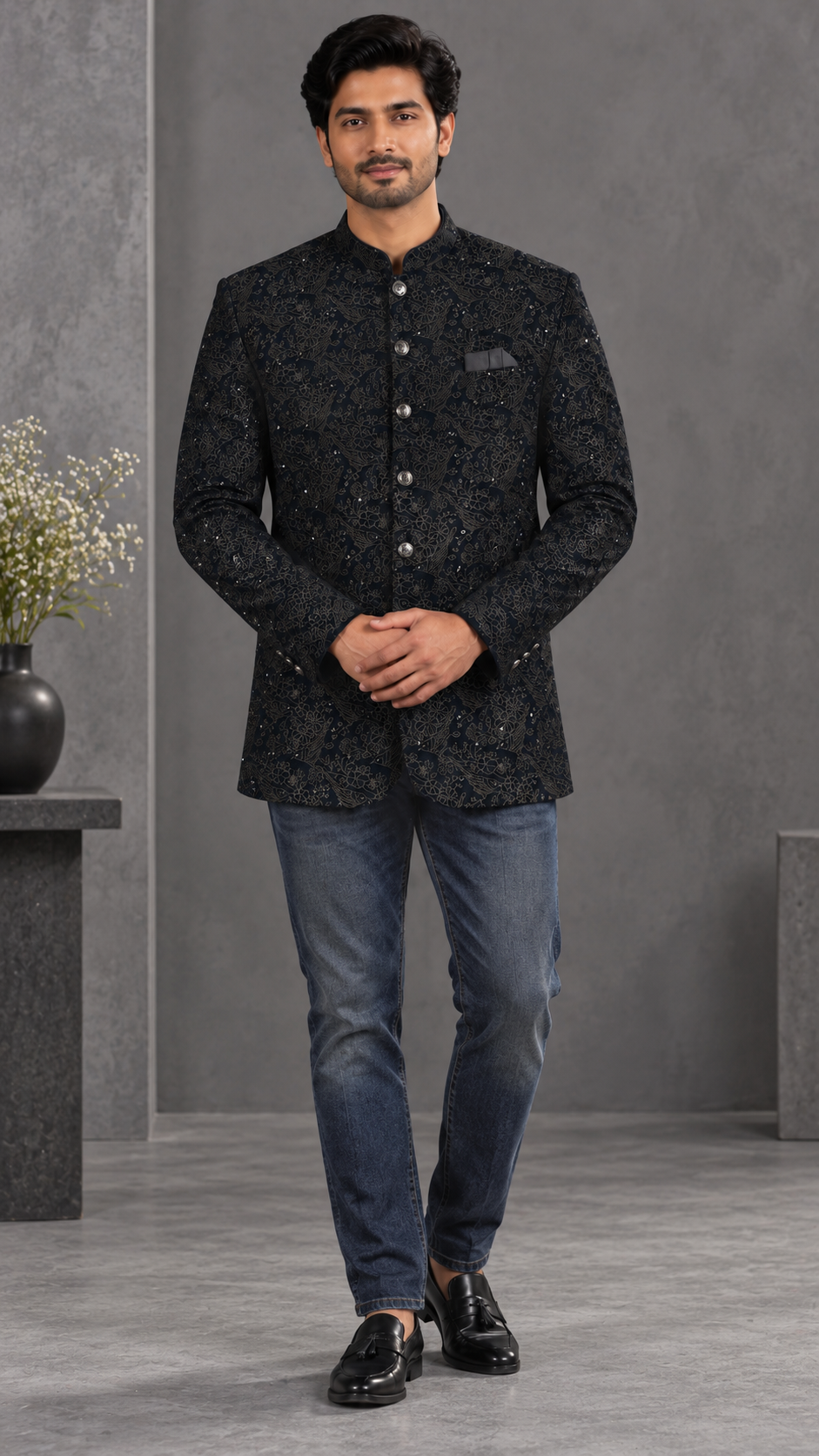 Navy Blue Velvet Embroidered Jodhpuri Bandhgala Jacket