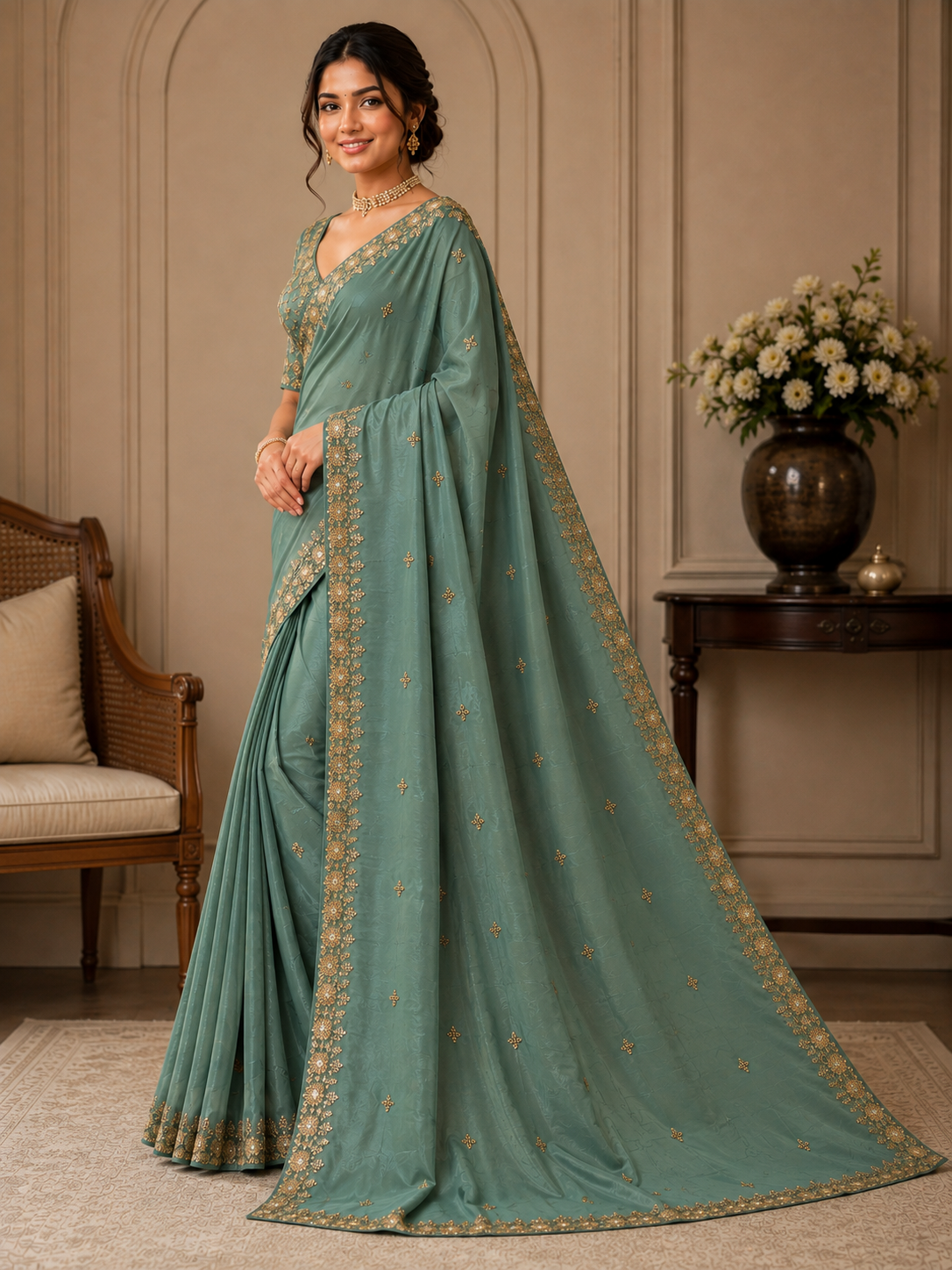 Teal Green Crepe Silk Fancy Saree