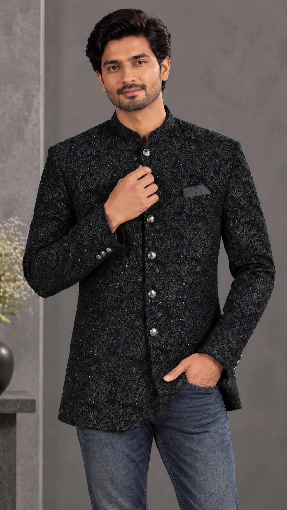 Navy Blue Velvet Embroidered Jodhpuri Bandhgala Jacket