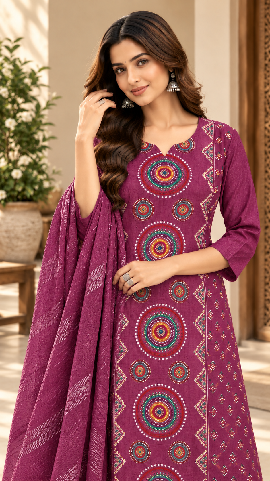 Magenta Rayon Cotton Straight Cut Suit
