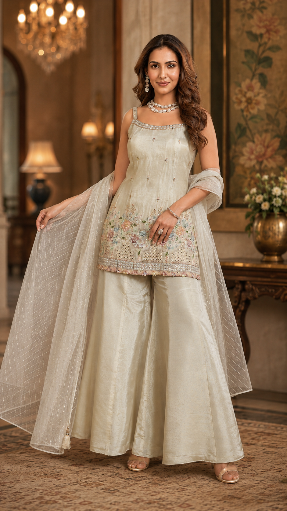 Off White Tissue Silk Sharara Suit