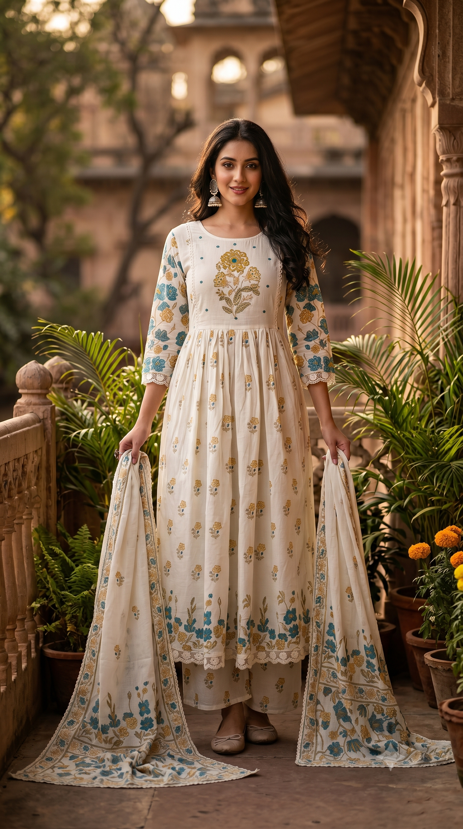 White Mul Cotton Block-Print Suit