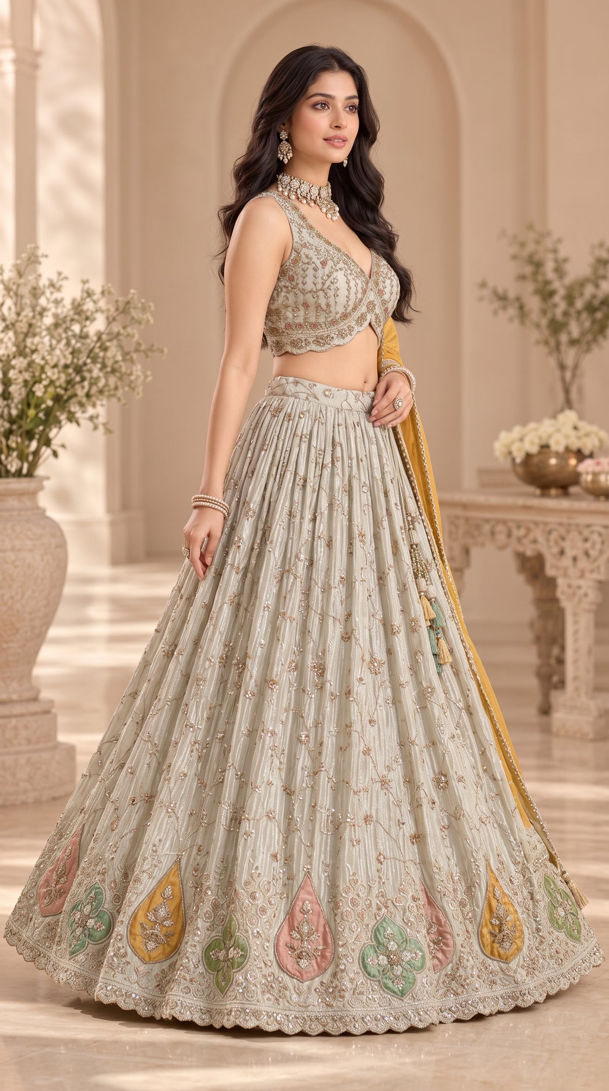 Off White Tissue Silk Party Wear Lehenga