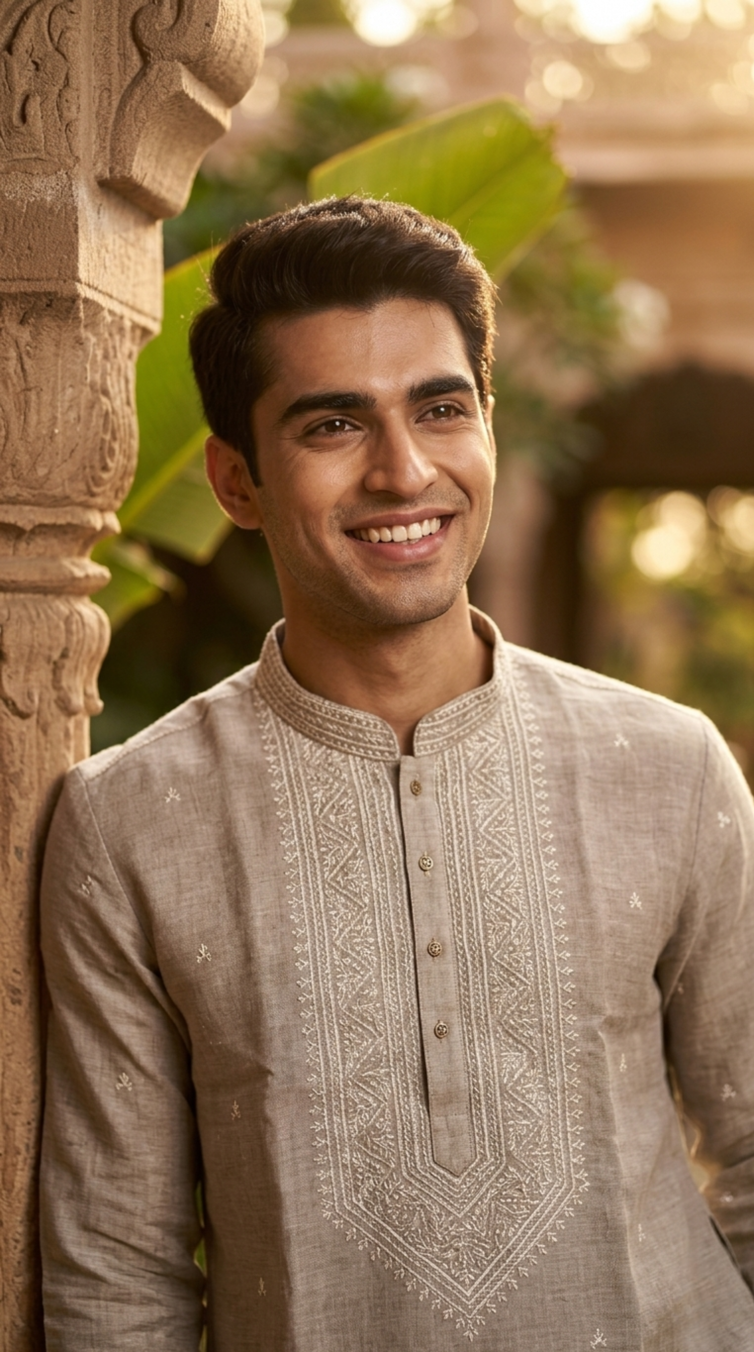 beige cotton kurta set for men with silver yoke embroidery and buti motifs