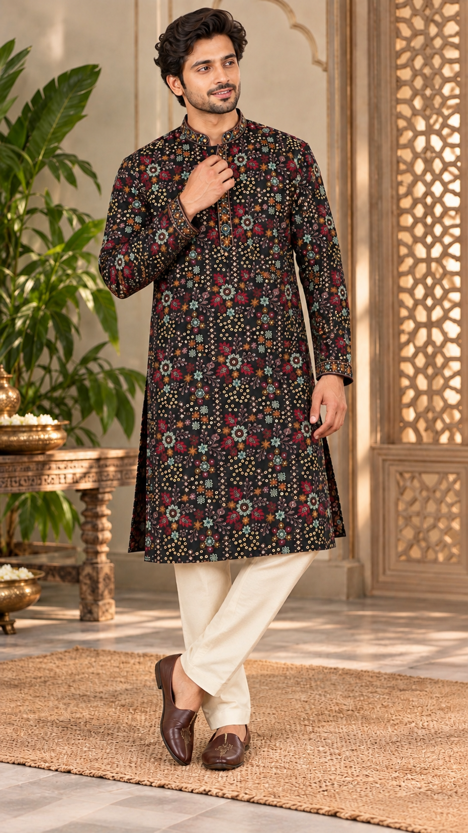 Black Multicolor Floral Embroidered Kurta Set