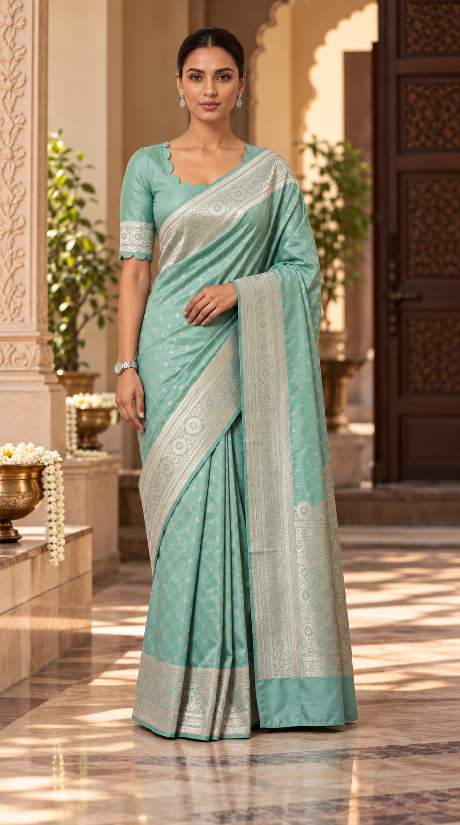 Pastel Aqua Green Banaras Satin Silk Saree