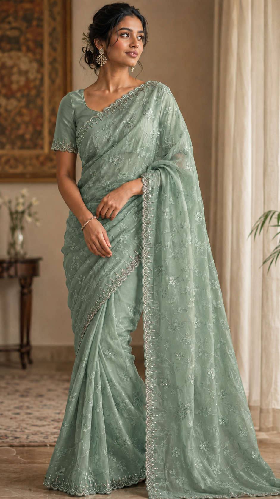 Sea Green Organza Fancy Saree