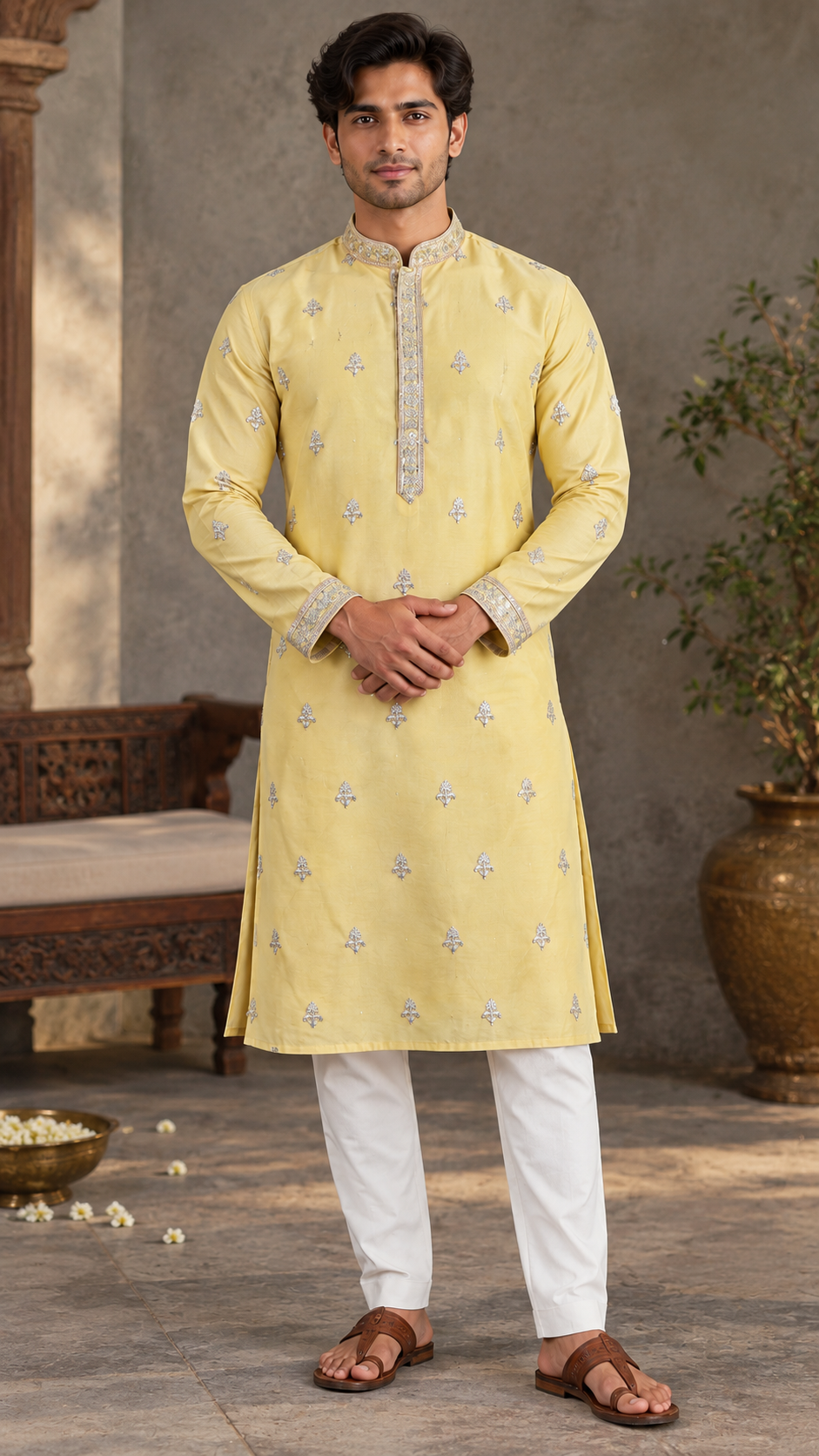 Pastel Yellow Embroidered Kurta Set