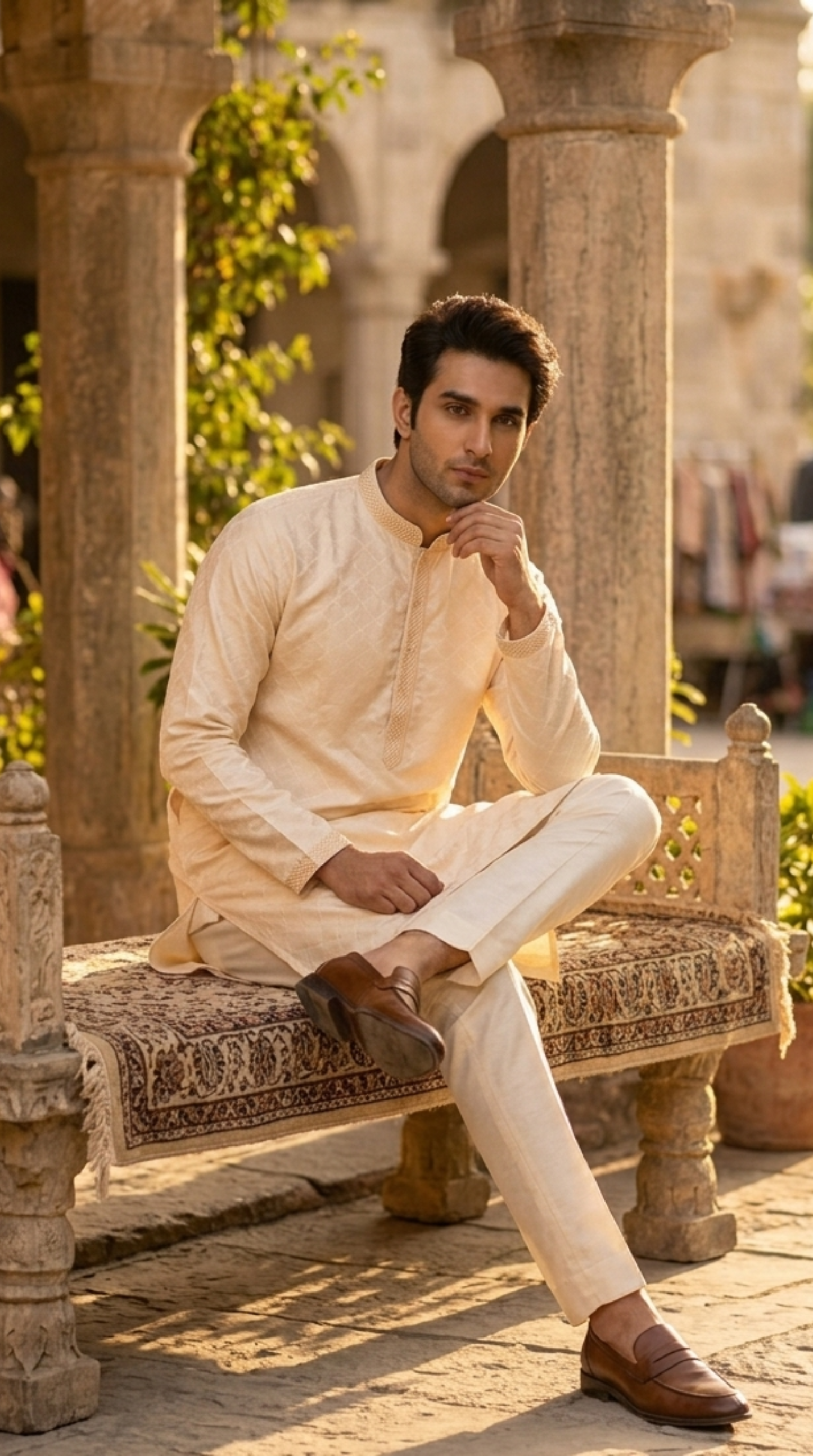 off white silk kurta set for men with mandarin collar