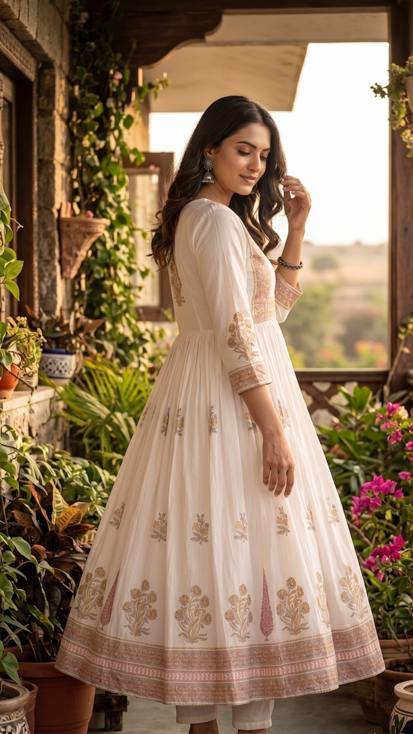 White Mul Cotton Block-Print Suit
