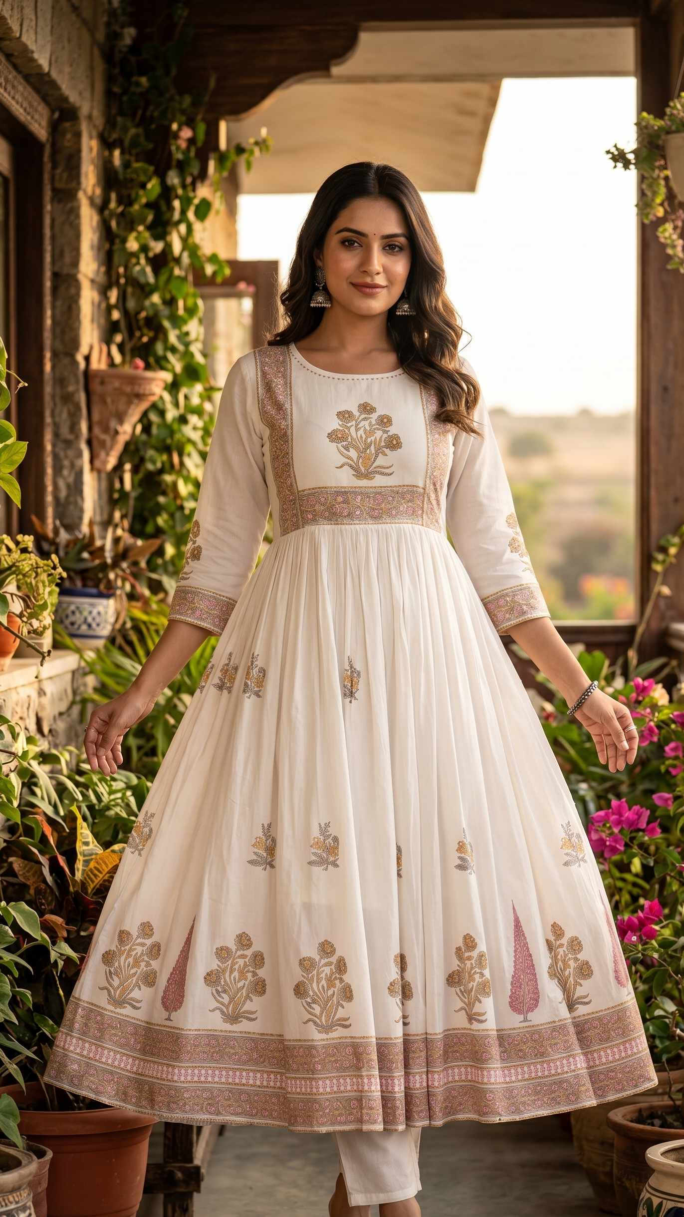 White Mul Cotton Block-Print Suit