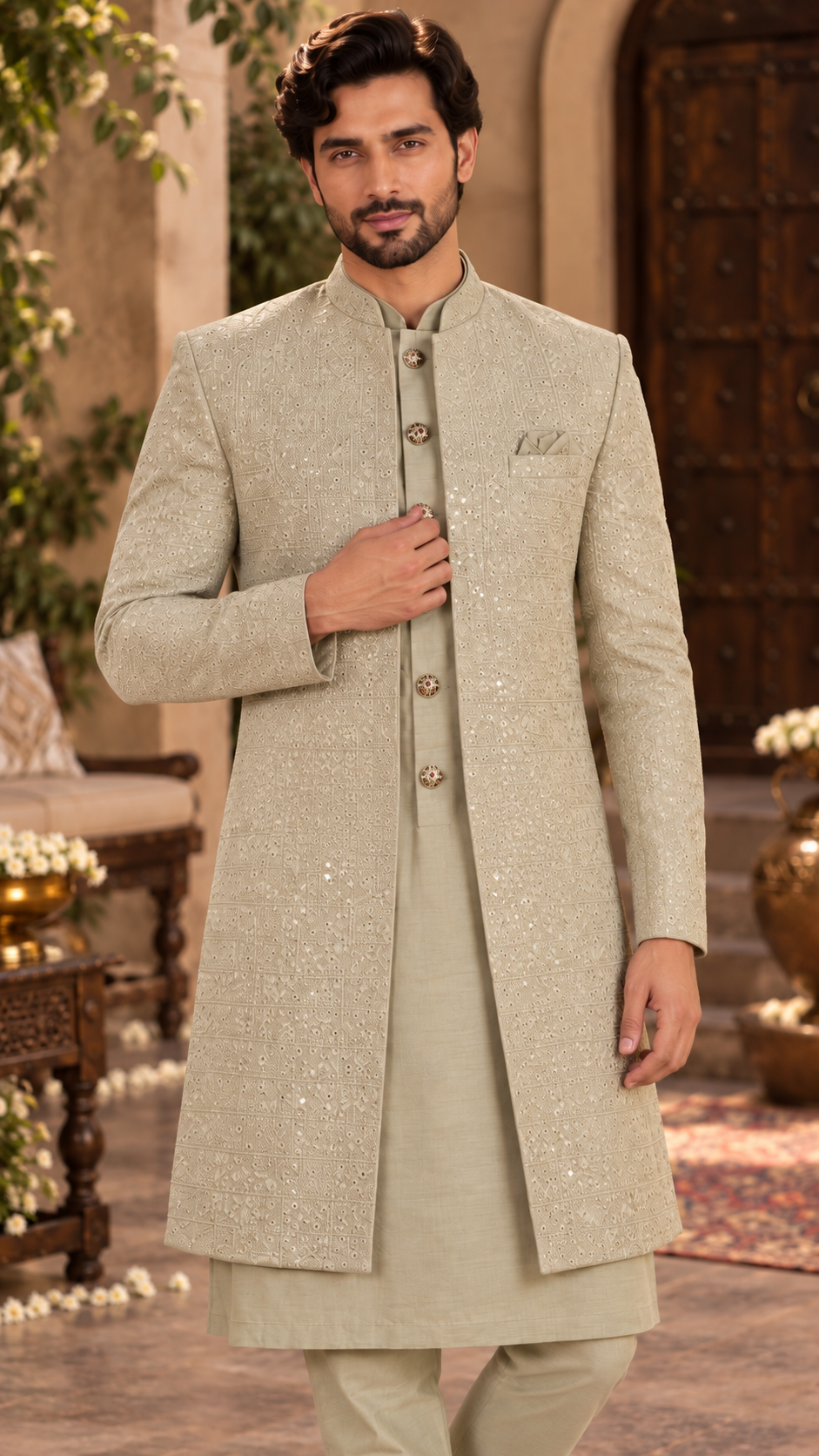 Sage Green Sequin Work Indo-Western Sherwani