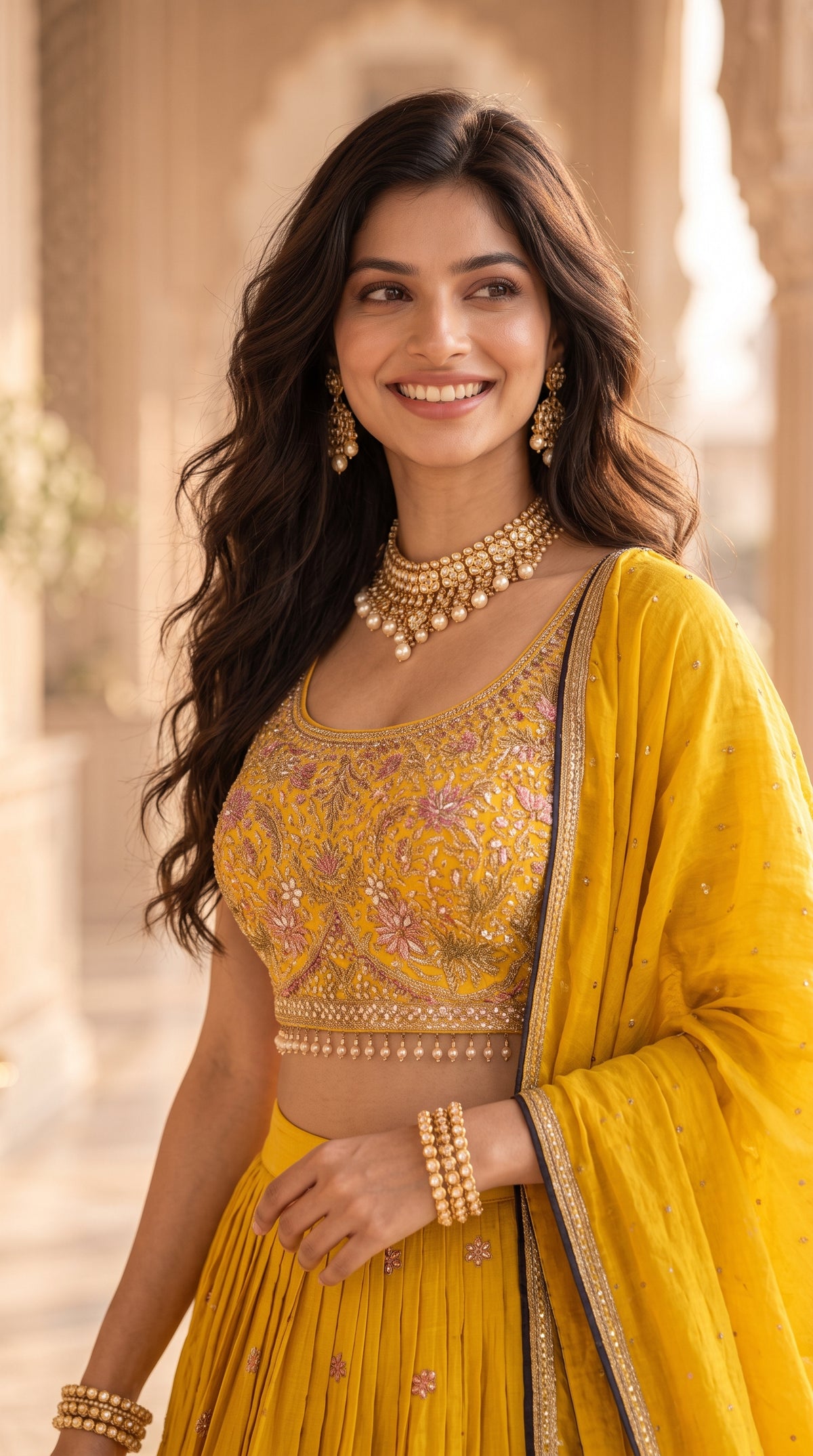 Yellow Chinon Silk Party Wear Crop top Lehenga