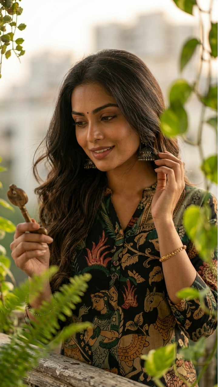 Black Kalamkari Cotton Kurti Set