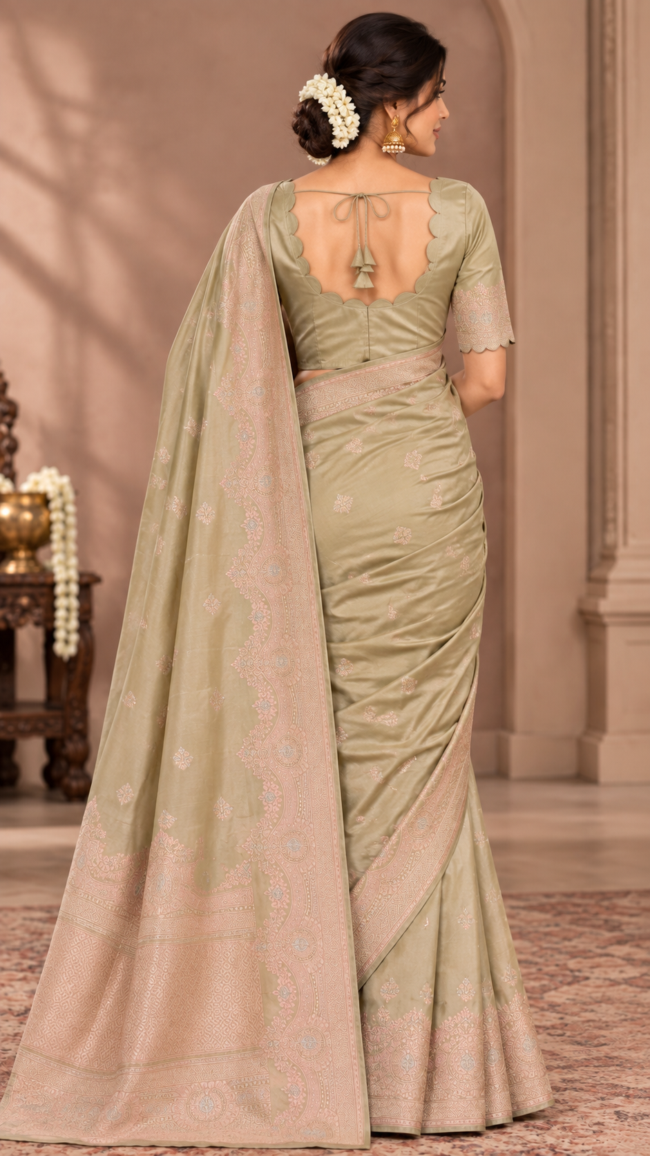 Muted Sage Green Banaras Satin Silk Saree