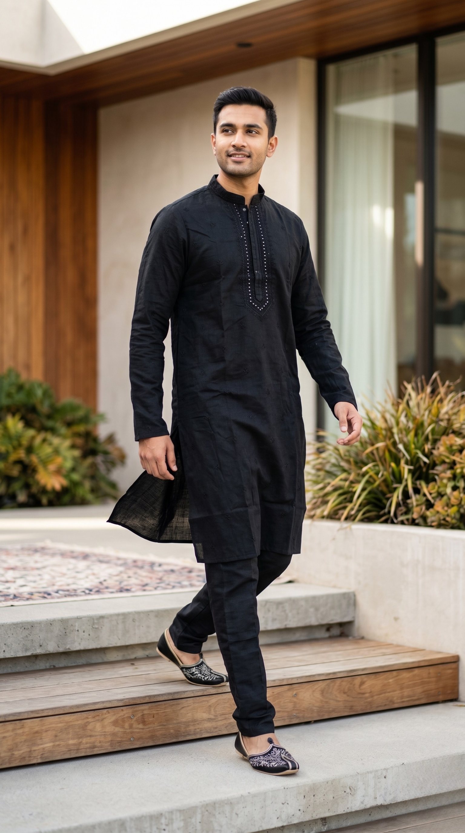 Black cotton kurta set for men with mandarin collar and crystal embellished neckline — full length shot