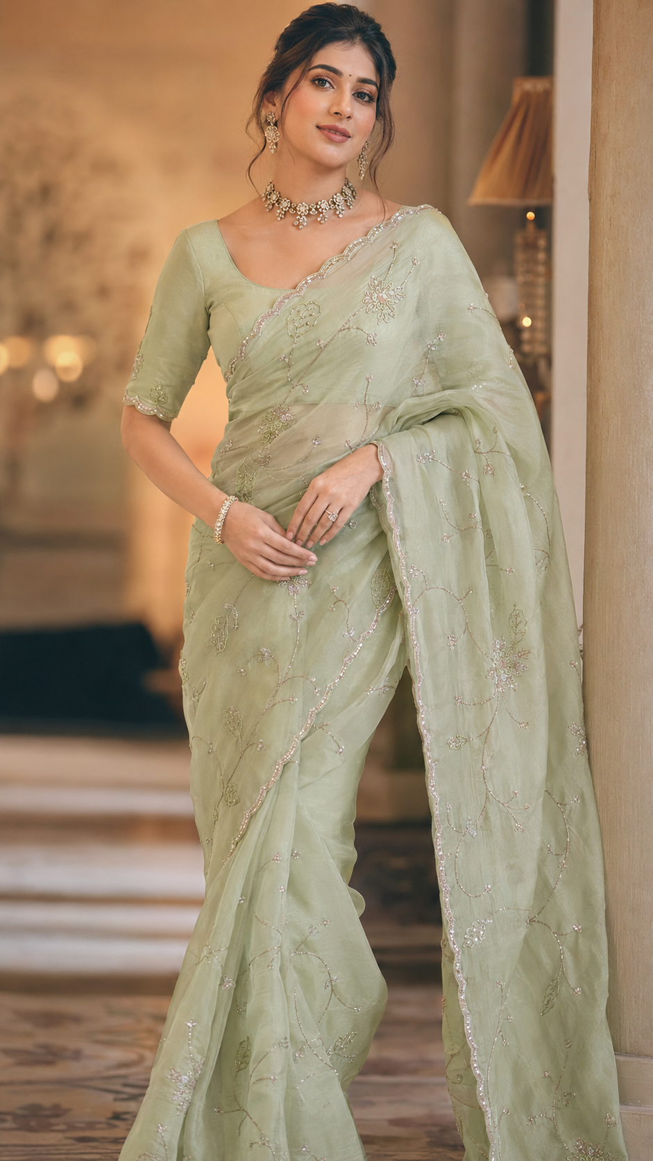 Mint Green Glass Organza Fancy Saree