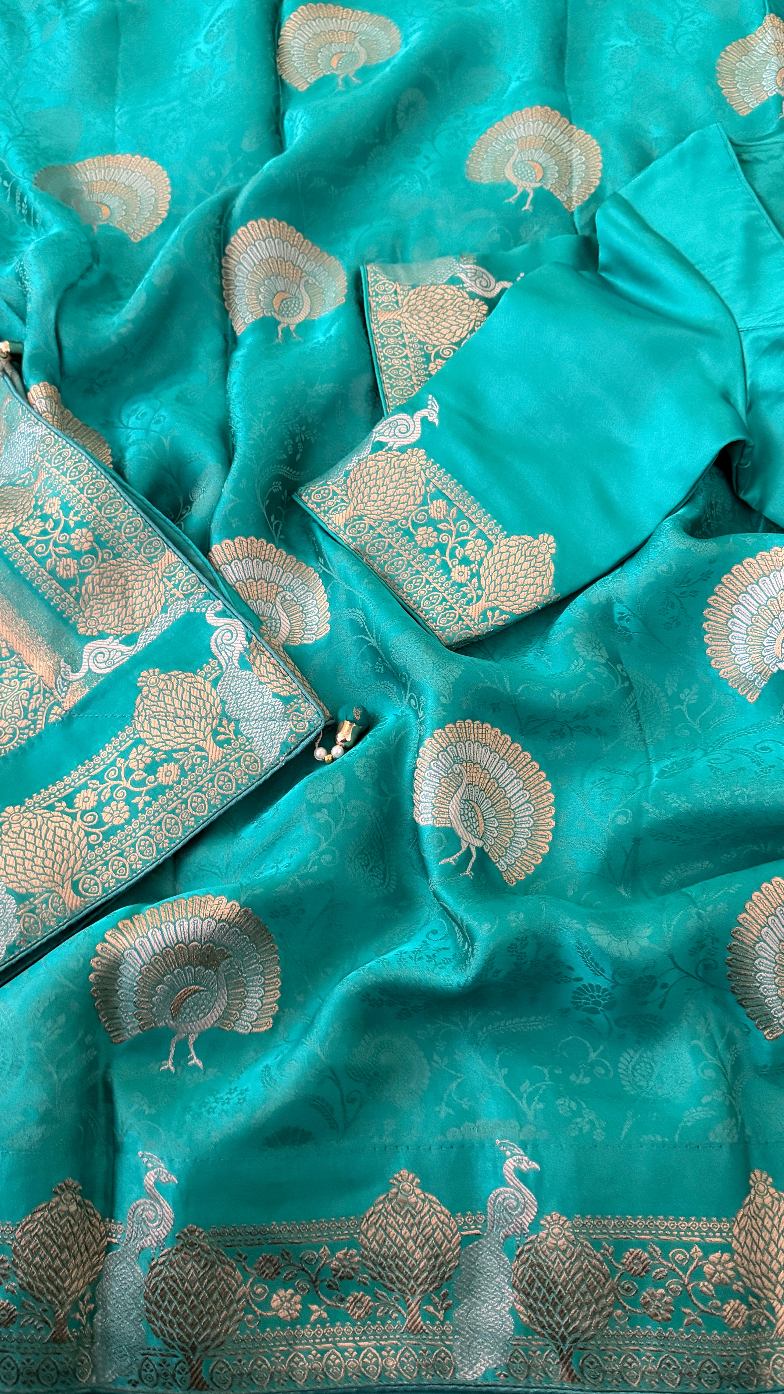 Seagreen Banaras Satin Silk Saree