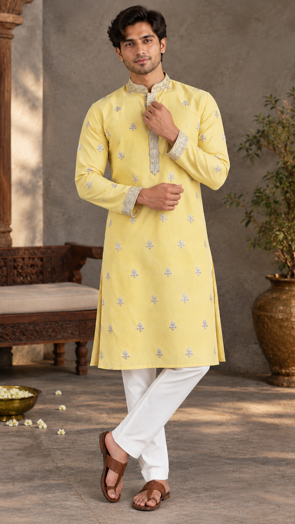 Pastel Yellow Embroidered Kurta Set