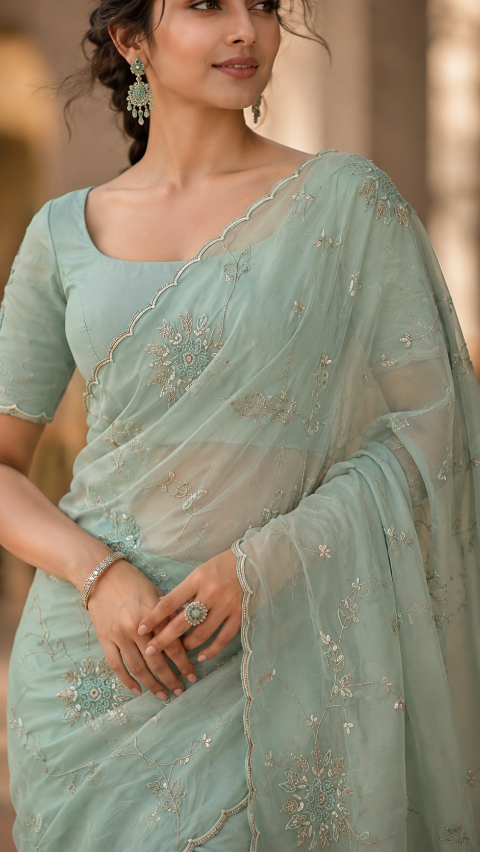 Light Blue Glass Organza Fancy Saree