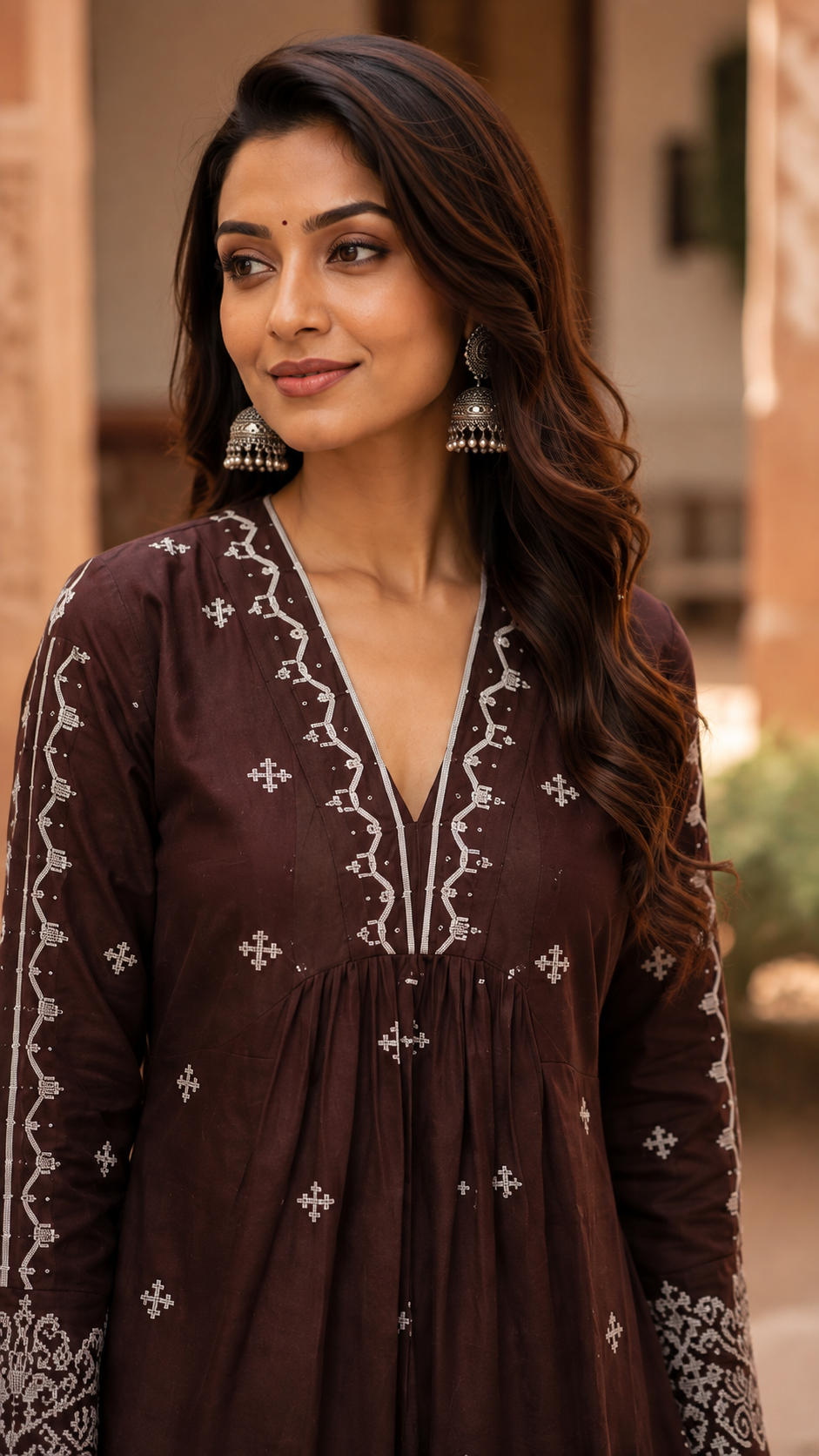 Brown Rayon Cotton Kurti Set