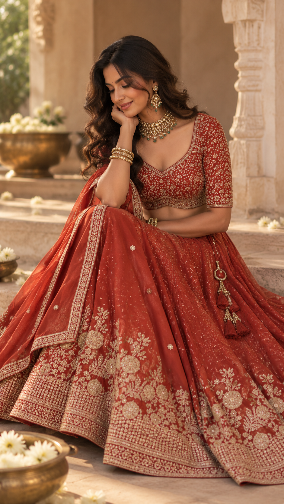 Rust Chinon Silk Party Wear Crop Top Lehenga