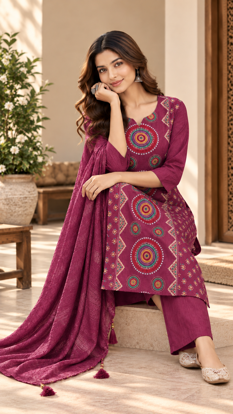 Magenta Rayon Cotton Straight Cut Suit