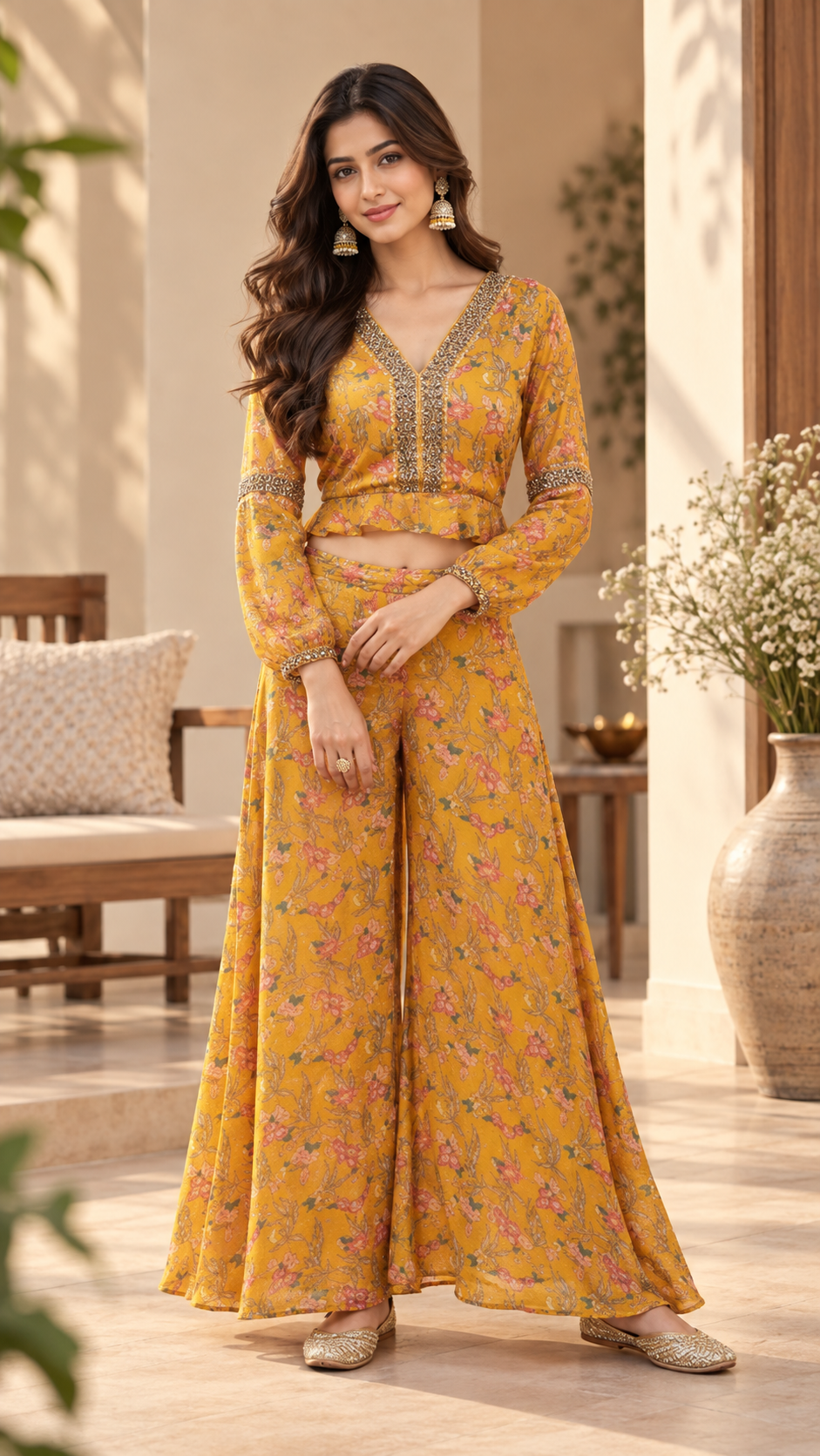 Mustard Muslin Silk Crop Top Sharara Suit