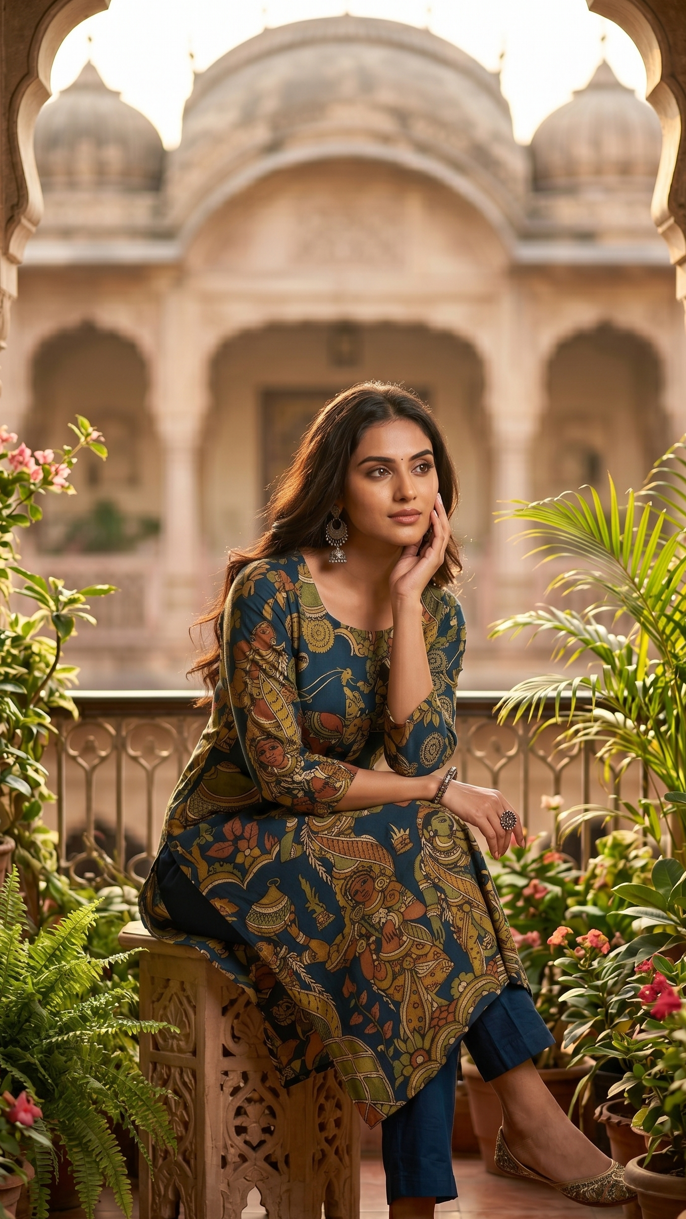 Blue Kalamkari Cotton Kurti Set
