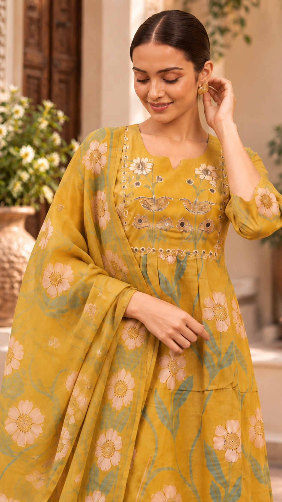 Mehendi Green Mul Chanderi A-Line Cut Suit