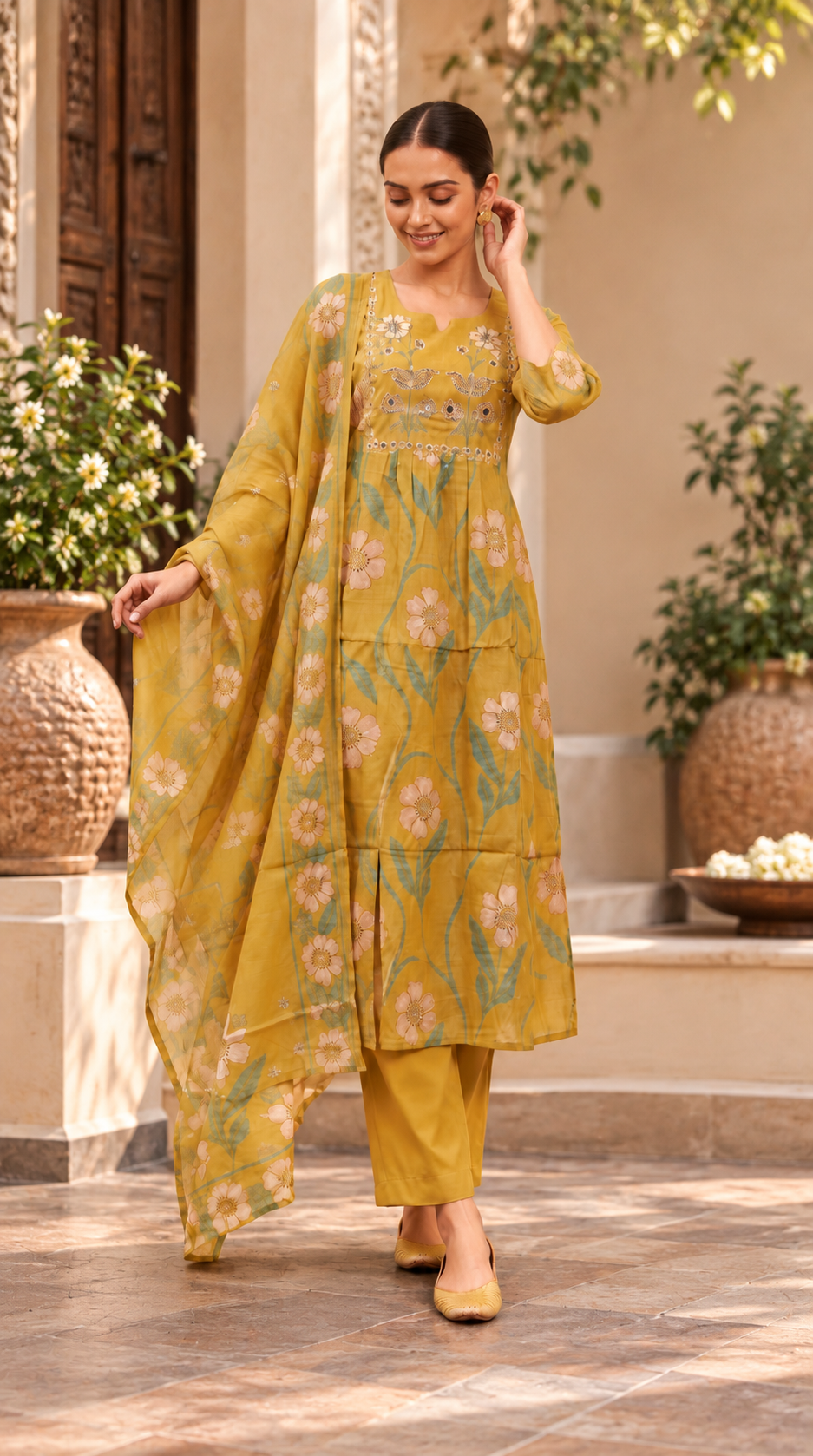 Mehendi Green Mul Chanderi A-Line Cut Suit